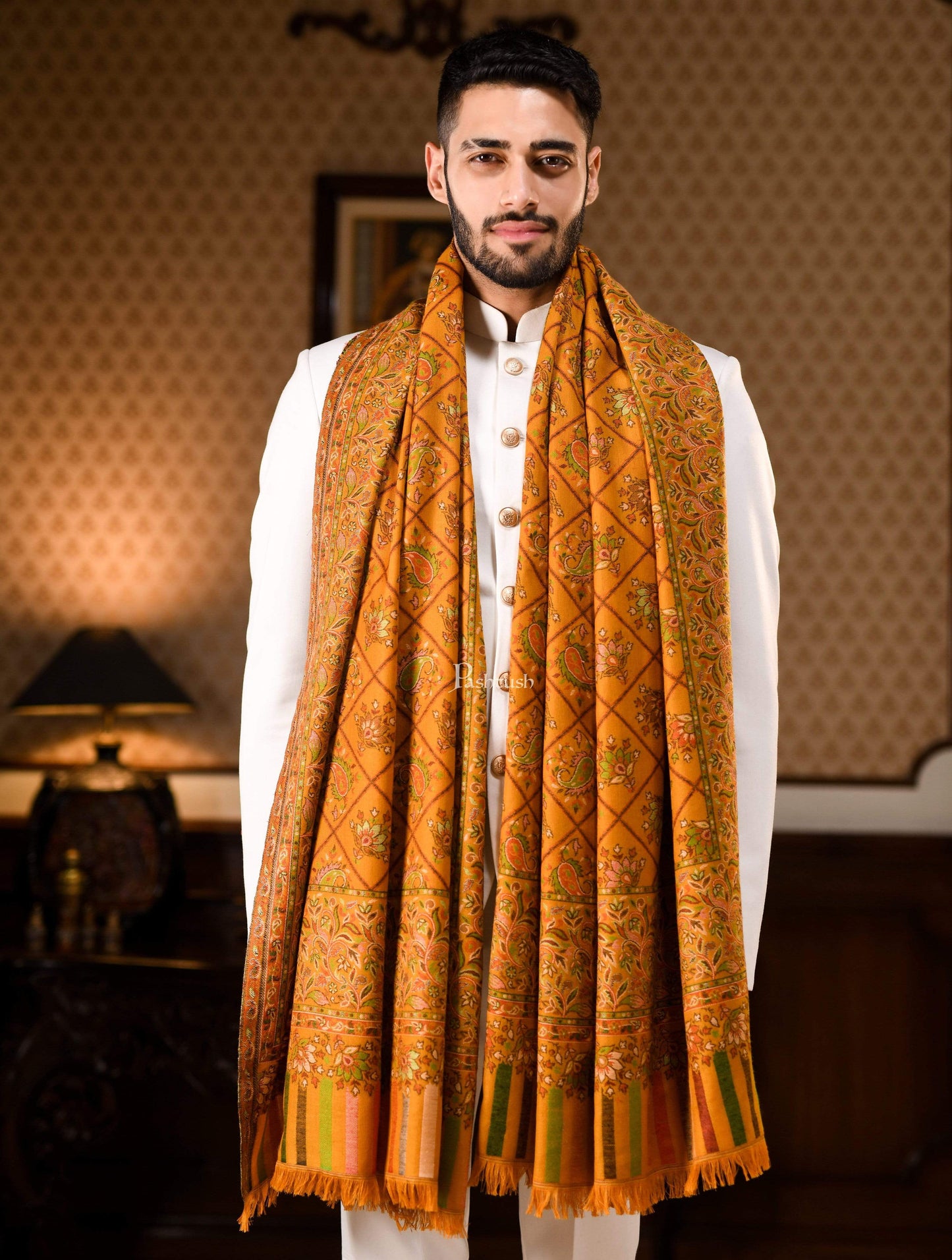 Pashtush India 100x200 PASHTUSH MENS KAANI SHAWL, FAUX PASHMINA, SOFT AND WARM, KASHMIRI MUSTARD