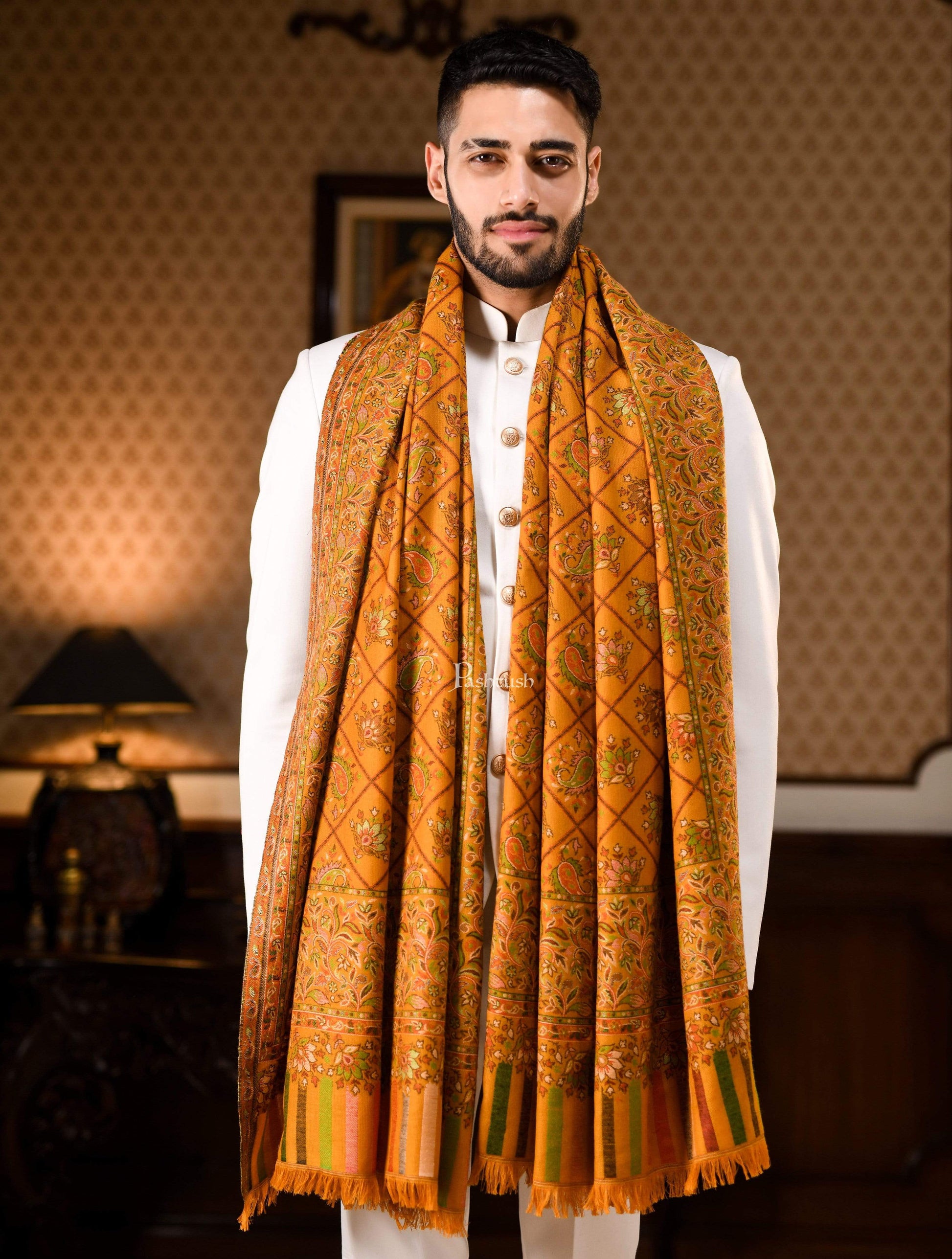 Pashtush India 100x200 PASHTUSH MENS KAANI SHAWL, FAUX PASHMINA, SOFT AND WARM, KASHMIRI MUSTARD