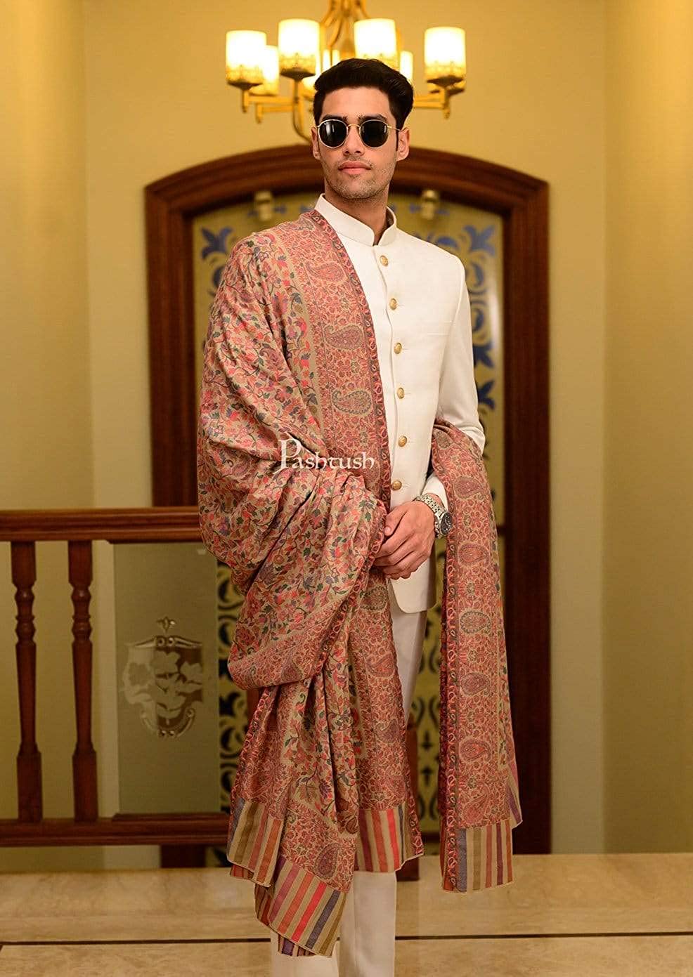 Pashtush India 127x254 Pashtush Mens Kaani Shawl, Mens Lohi, Full Size, Fine Wool, Beige