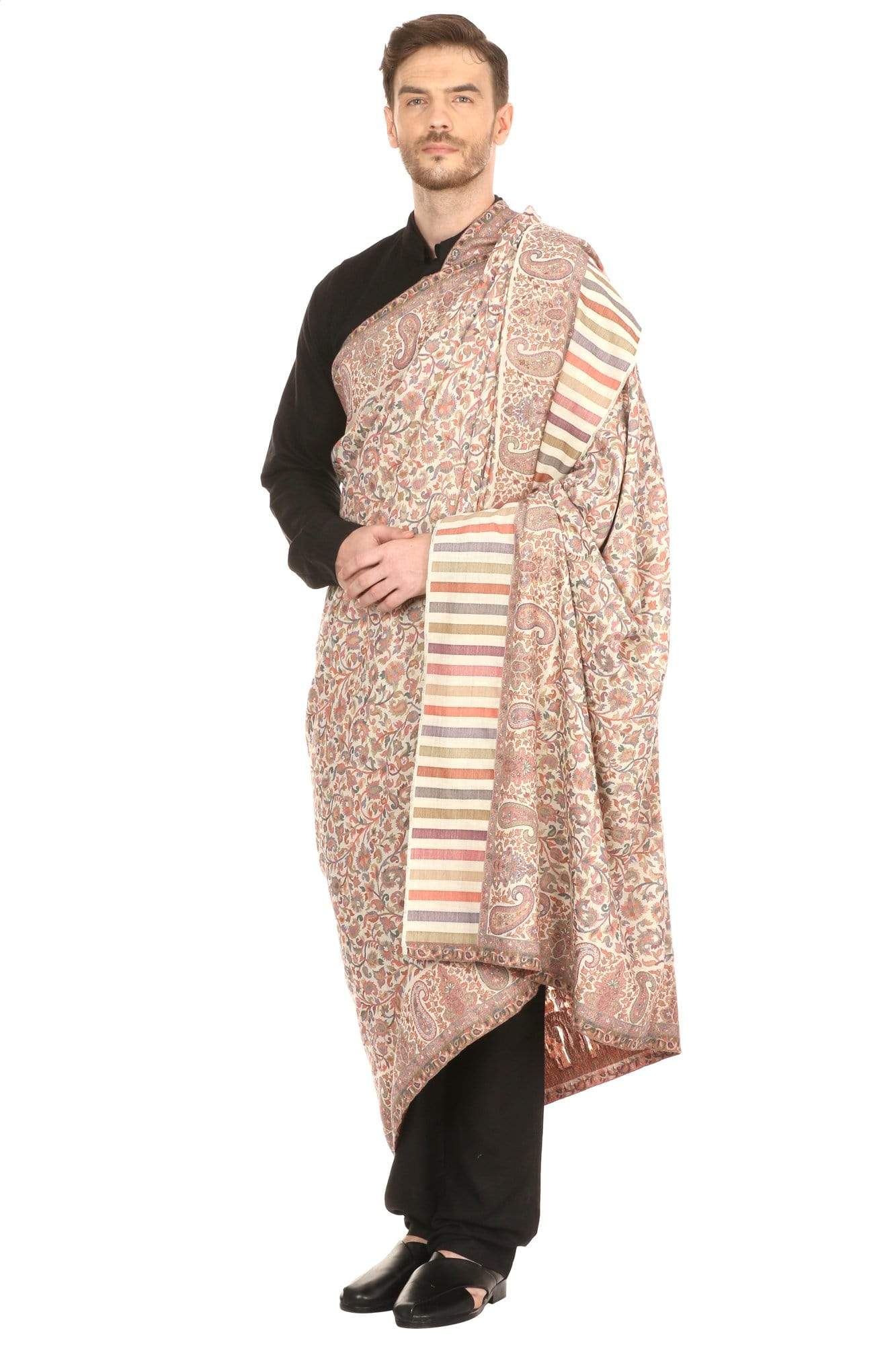 Pashtush India 127x254 Pashtush Mens Kaani Shawl, Mens Lohi, Full Size, Fine Wool,  Ivory