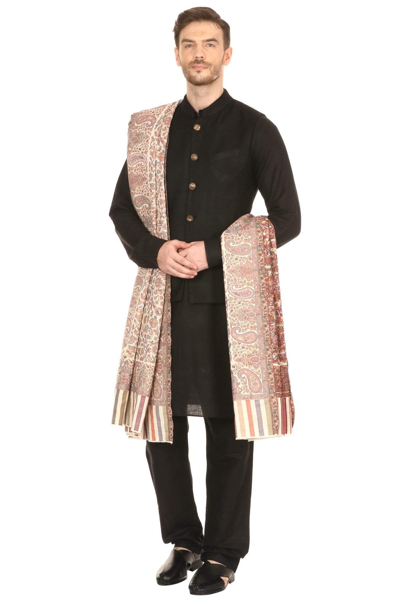Pashtush India 127x254 Pashtush Mens Kaani Shawl, Mens Lohi, Full Size, Fine Wool,  Ivory
