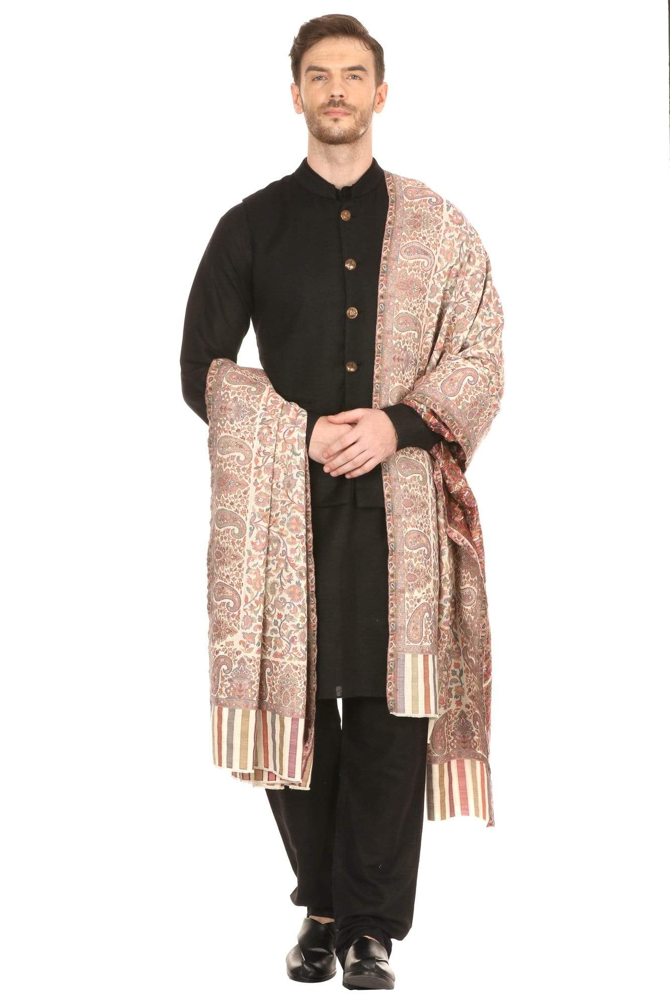 Pashtush India 127x254 Pashtush Mens Kaani Shawl, Mens Lohi, Full Size, Fine Wool,  Ivory