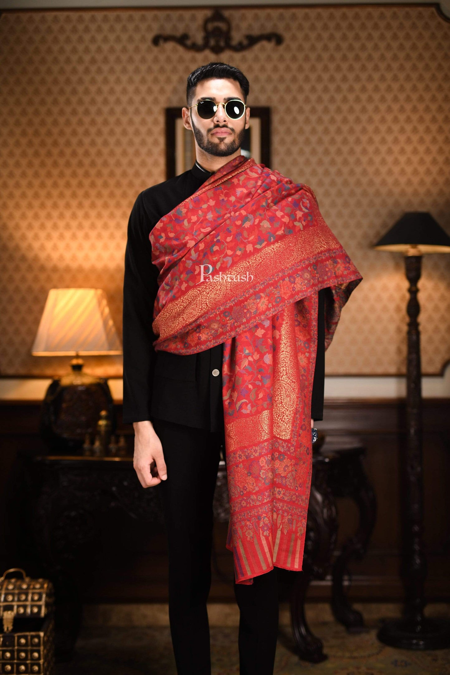 Pashtush India 127x254 Pashtush Mens Kaani Shawl, Mens Lohi , Full Size, Fine Wool, With Metallic Weave , Maroon