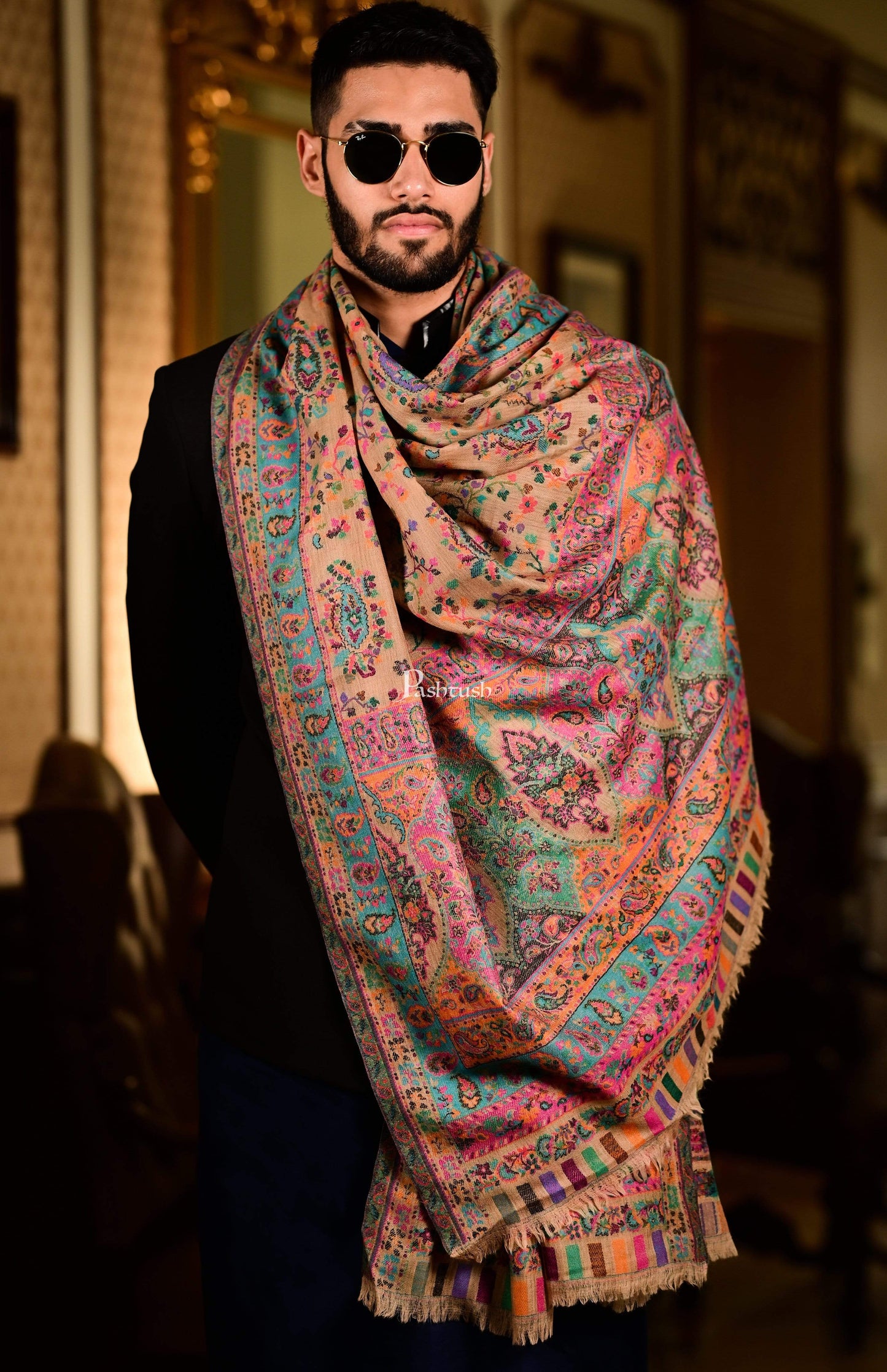 Pashtush India 100x200 Pashtush Mens Kaani Shawl, Pastel Coloured Weave, Pure Wool, Woolmark Certificate