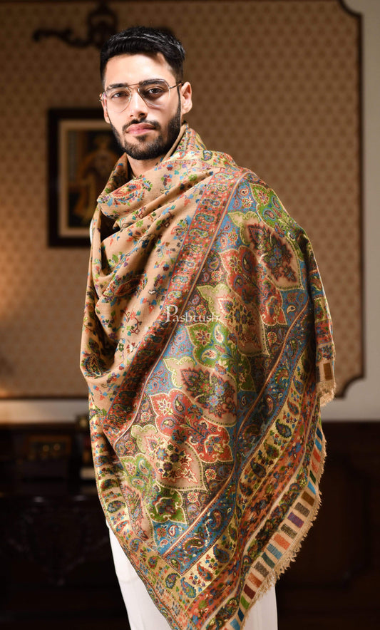 Pashtush India 100x200 Pashtush Mens Kaani Shawl, Pure Wool, Woolmark Certificate, Beige with Zari Weave
