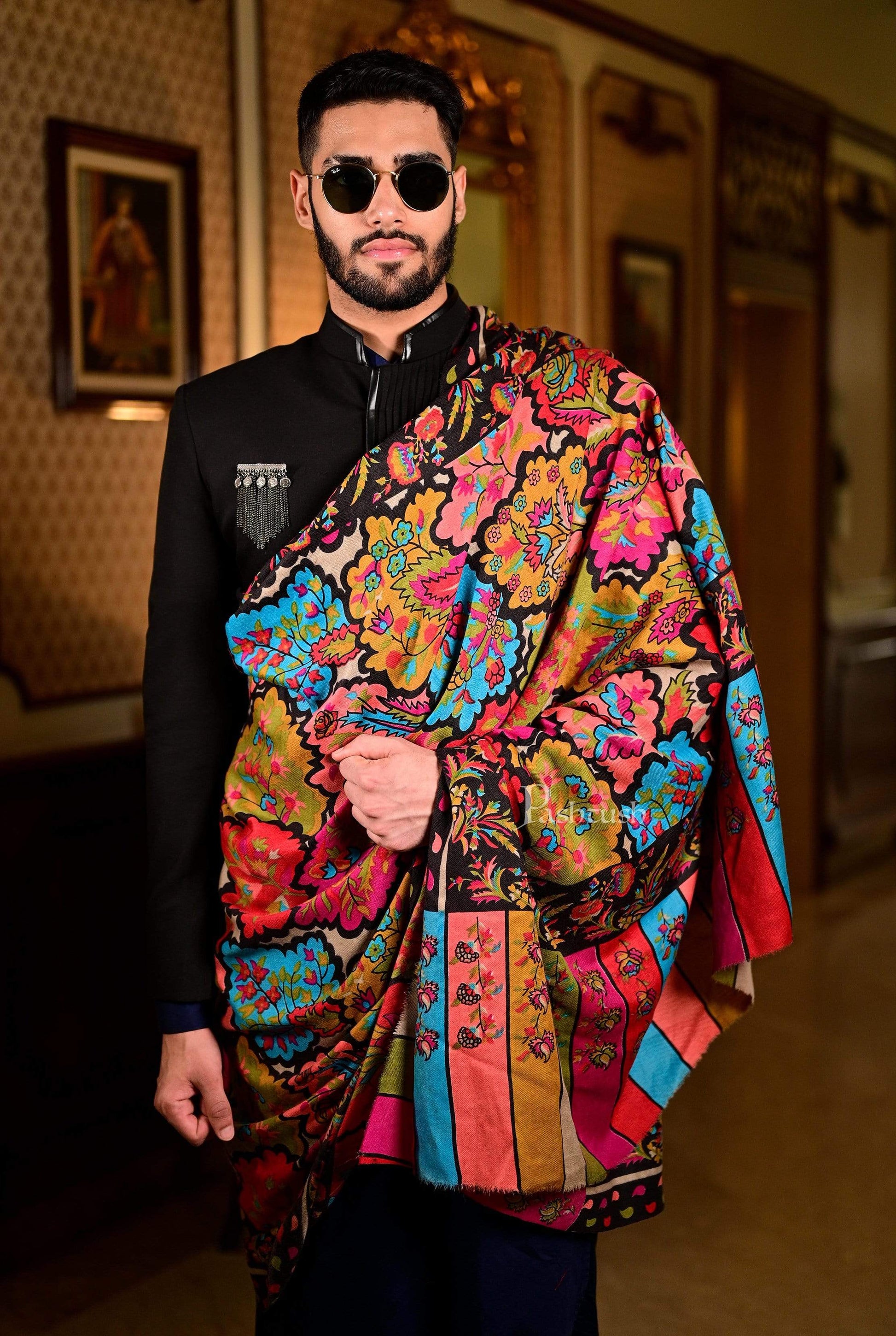 Pashtush India 70x200 Pashtush Mens Kalamkari Embroidered Hand Painted Stole, Medium, thick and warm