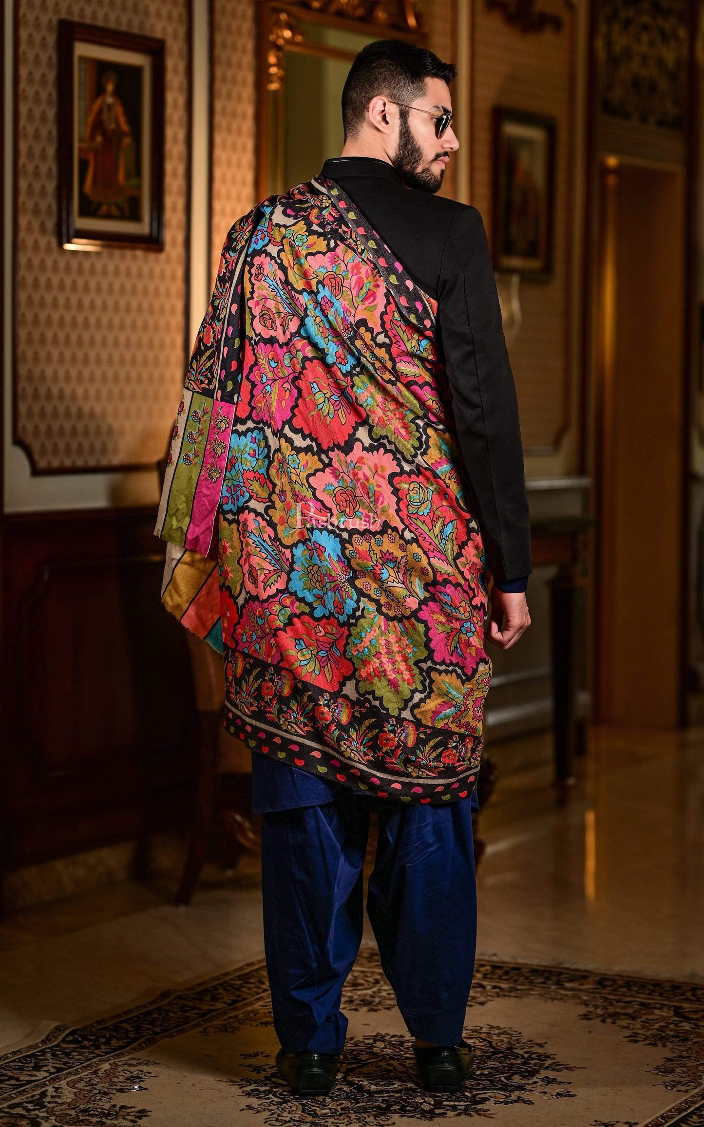 Pashtush India 70x200 Pashtush Mens Kalamkari Embroidered Hand Painted Stole, Medium, thick and warm