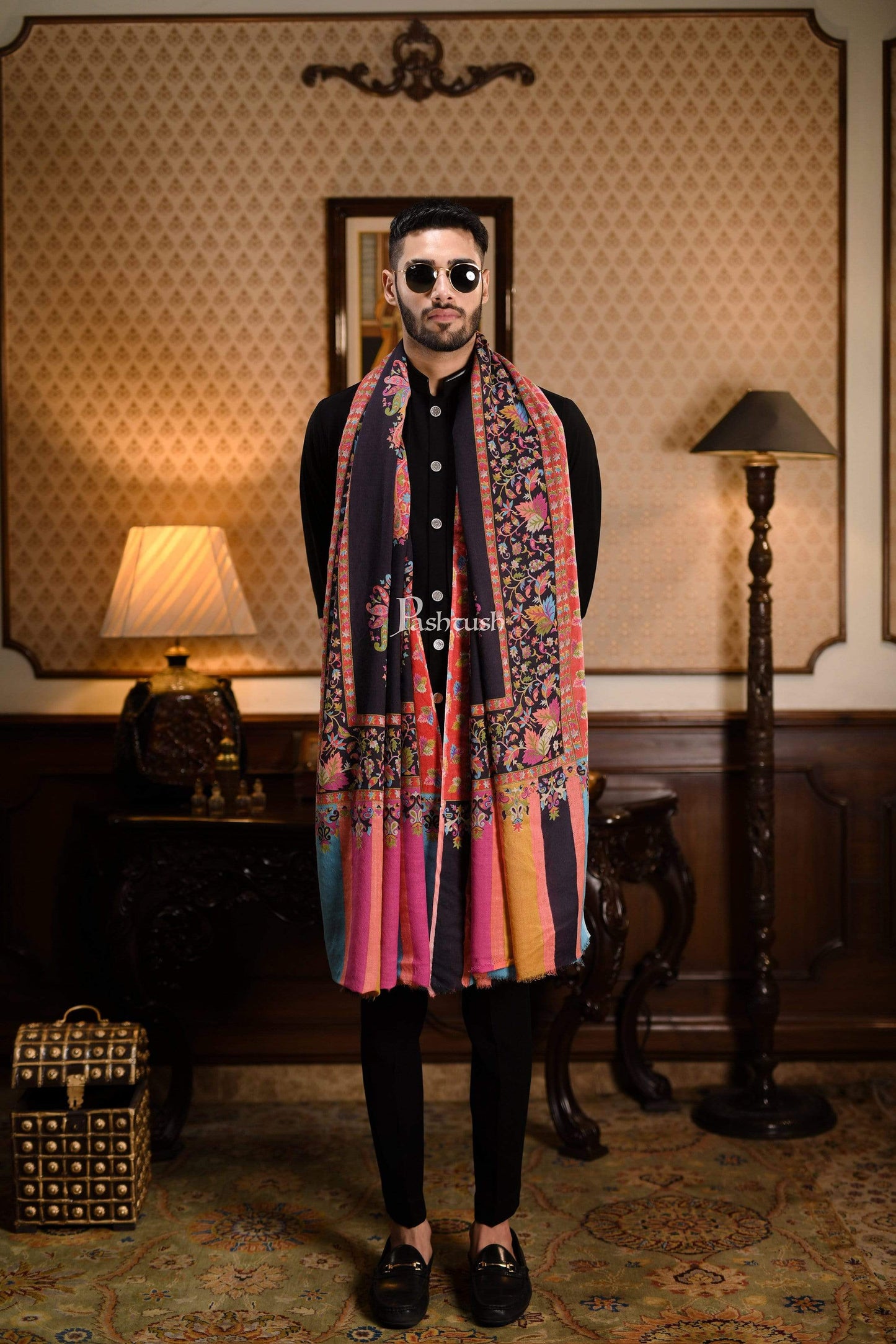 Pashtush India 114x228 Pashtush Mens Kalamkari Printed Shawl, Medium, Soft and Warm
