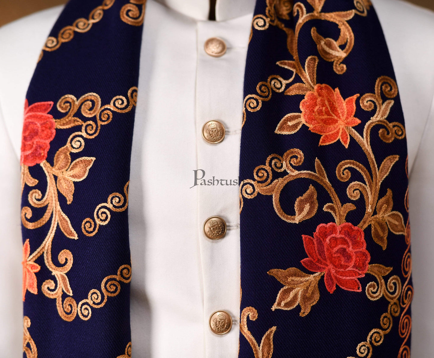 Pashtush India 70x200 Pashtush Mens Kashmiri Aari Embroidery, Woollen Stole