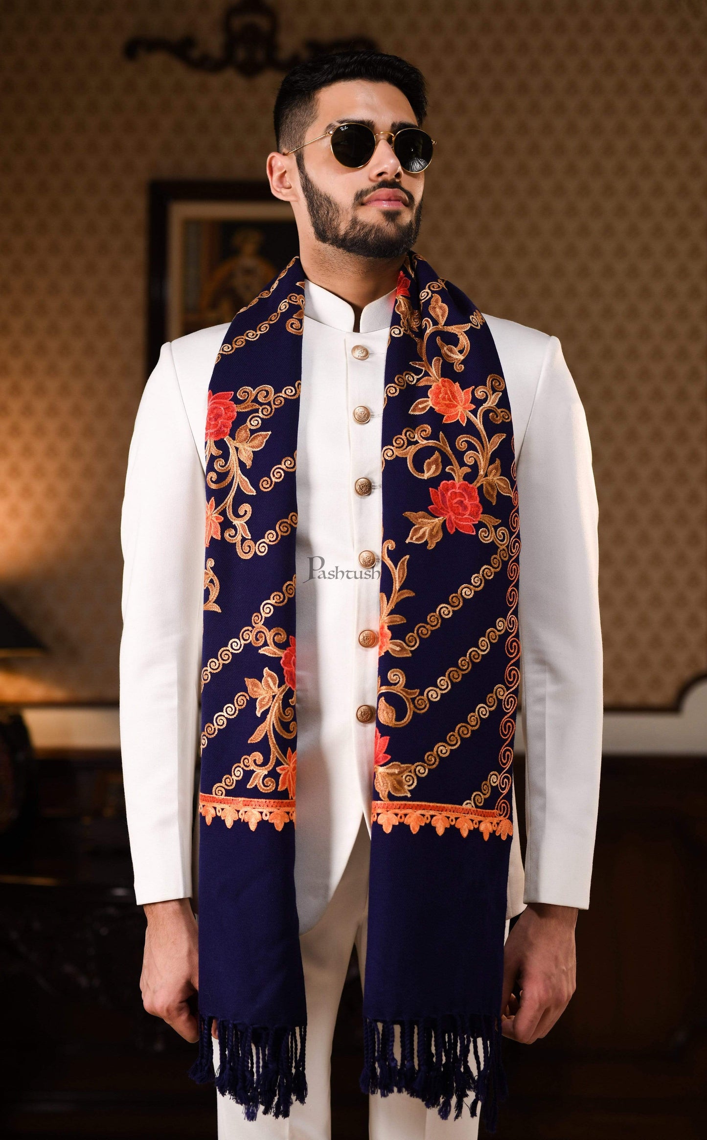 Pashtush India 70x200 Pashtush Mens Kashmiri Aari Embroidery, Woollen Stole