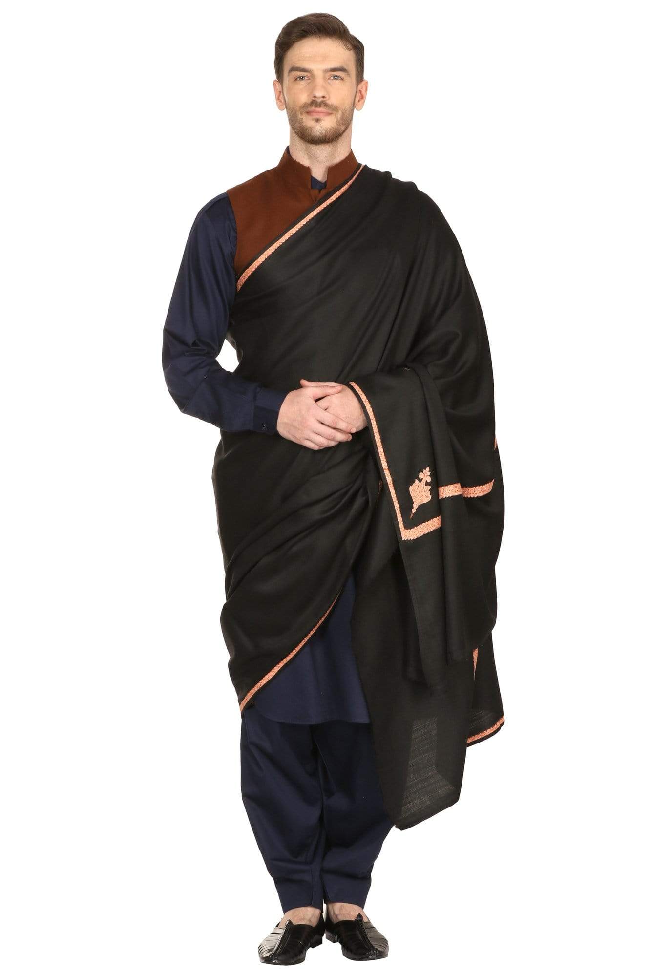 Pashtush India Shawl Pashtush Mens Kashmiri Embroidery Black Shawl, Kingri Design - Rich Black