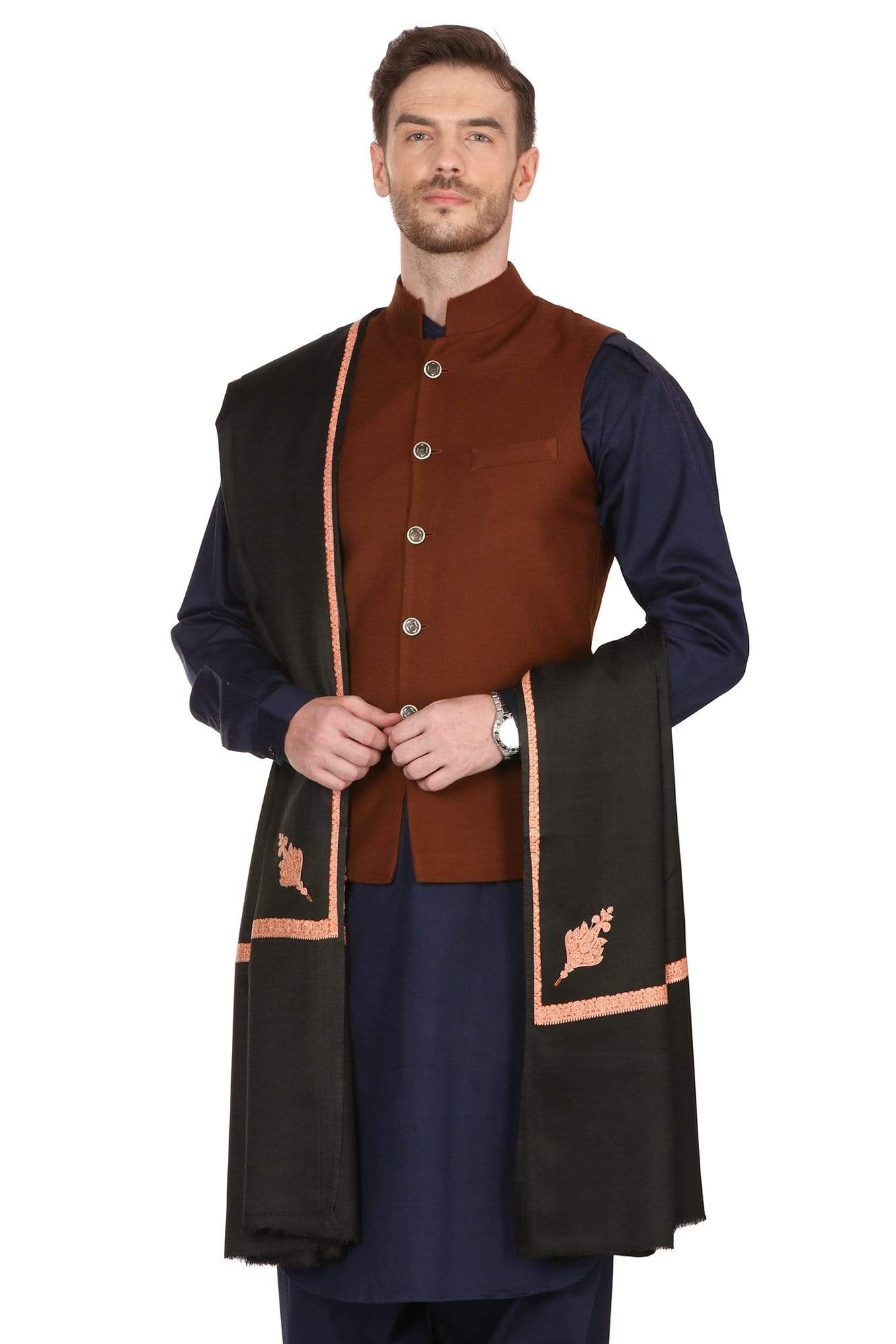 Pashtush India Shawl Pashtush Mens Kashmiri Embroidery Black Shawl, Kingri Design - Rich Black