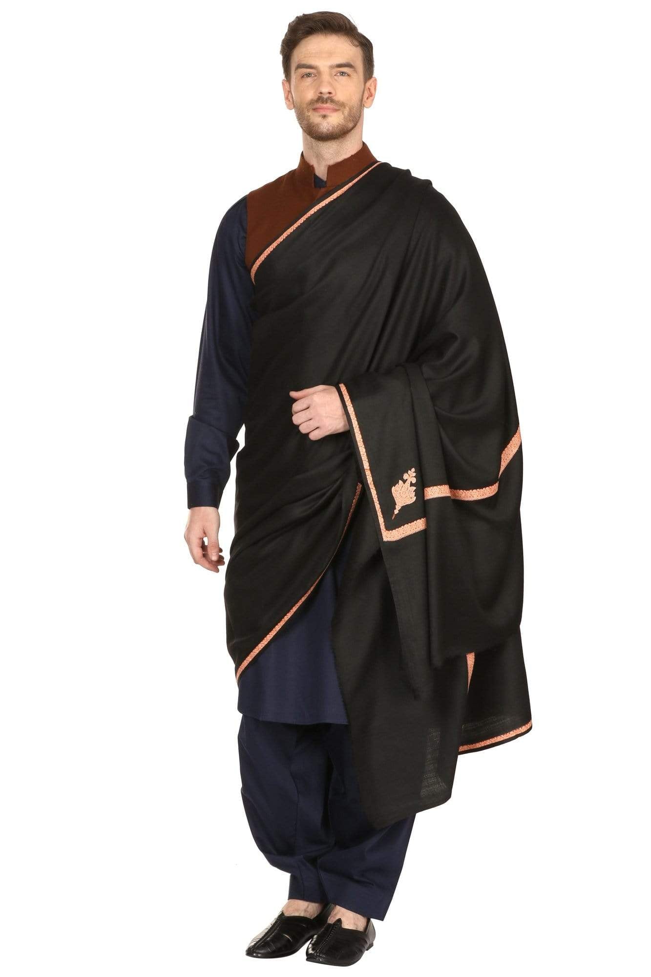 Pashtush India Shawl Pashtush Mens Kashmiri Embroidery Black Shawl, Kingri Design - Rich Black
