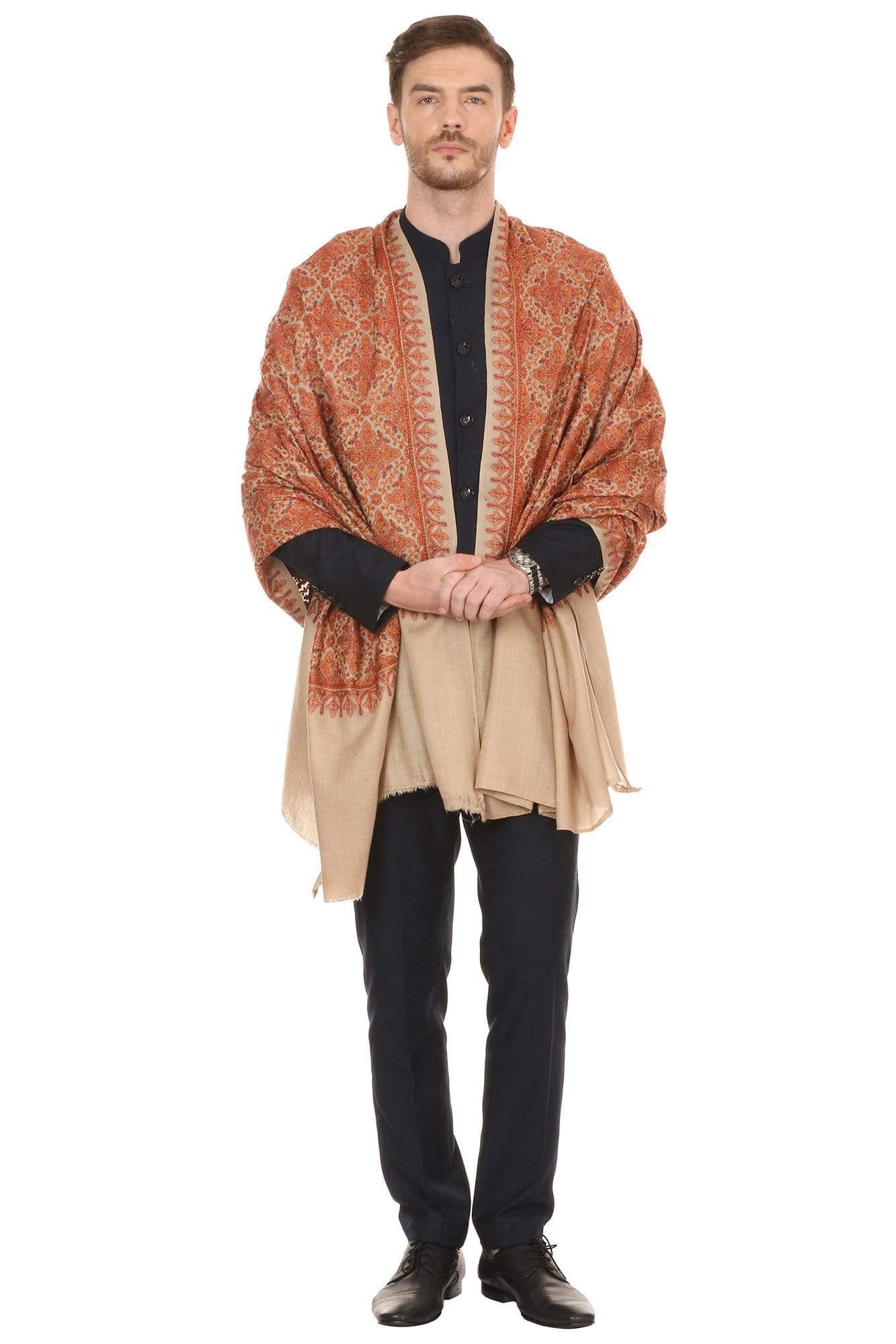 Pashtush India 100x200 Pashtush Mens Kashmiri Embroidery Stole, Beige