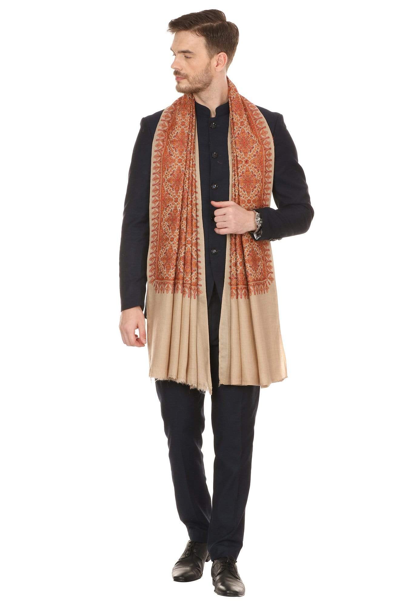 Pashtush India 100x200 Pashtush Mens Kashmiri Embroidery Stole, Beige