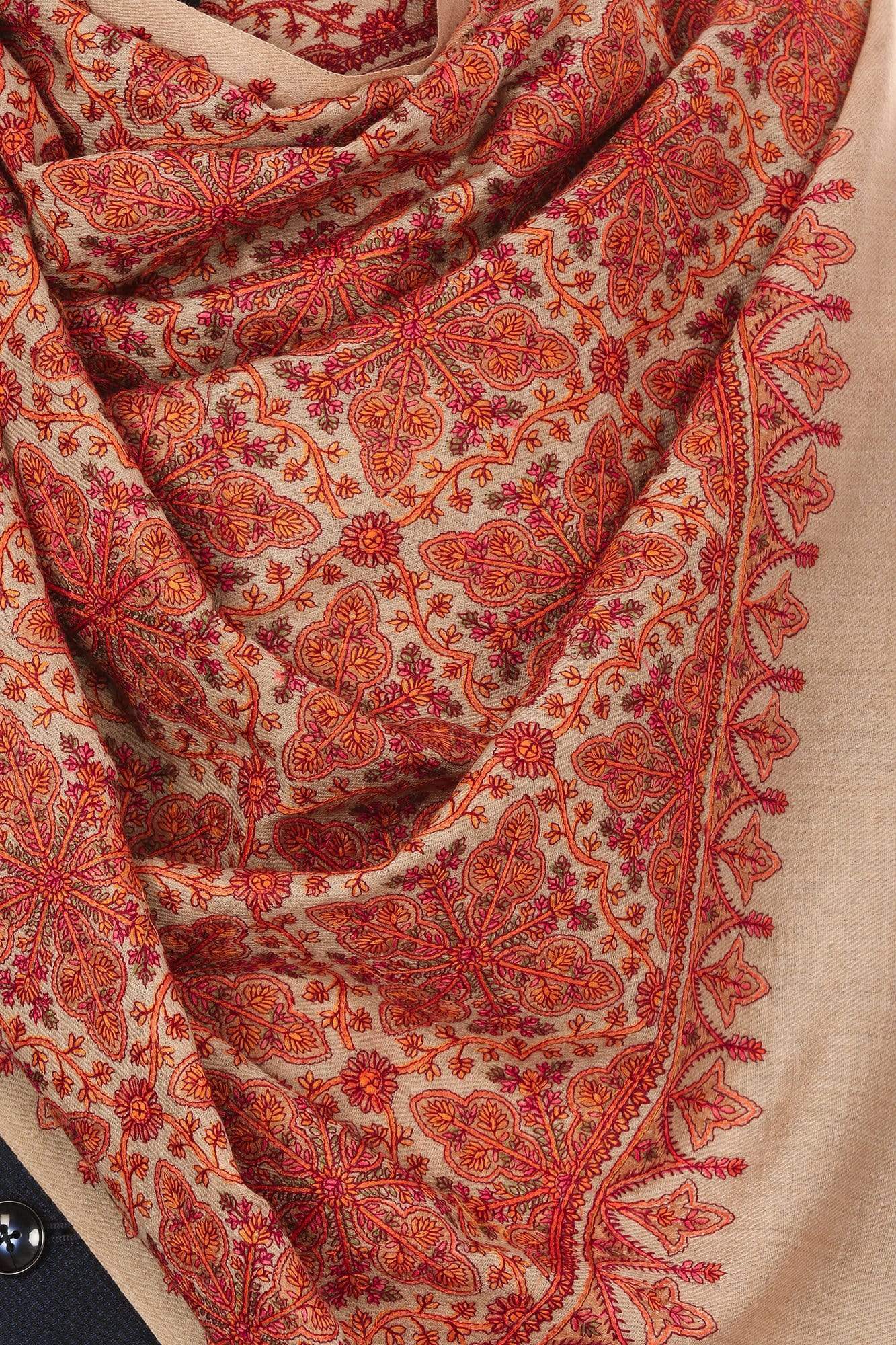 Pashtush India 100x200 Pashtush Mens Kashmiri Embroidery Stole, Beige