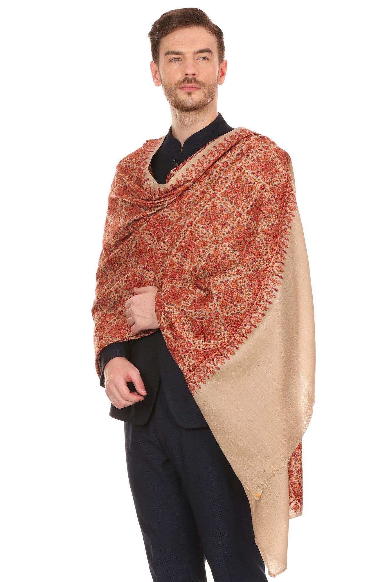 Pashtush India 100x200 Pashtush Mens Kashmiri Embroidery Stole, Beige