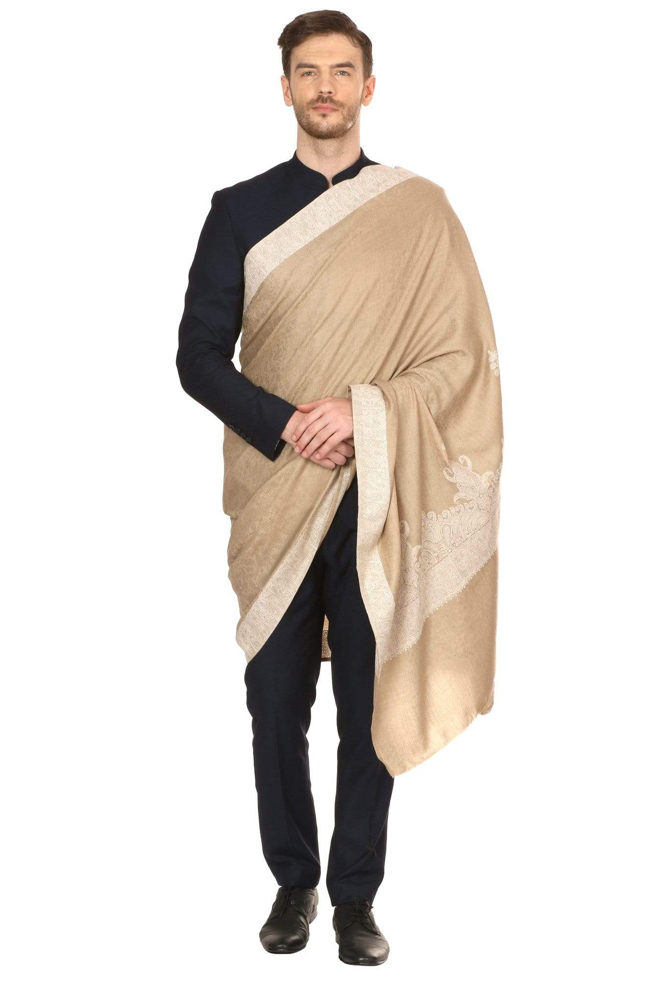 Pashtush India Shawl Pashtush Mens Kashmiri Embroidery Tone on Tone Double border Shawl Medium size 48x95 inches