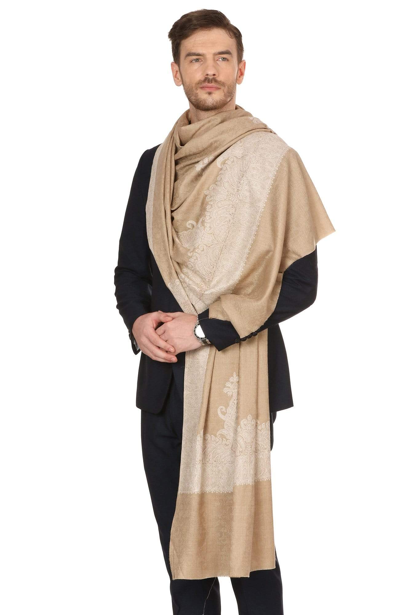 Pashtush India Shawl Pashtush Mens Kashmiri Embroidery Tone on Tone Double border Shawl Medium size 48x95 inches