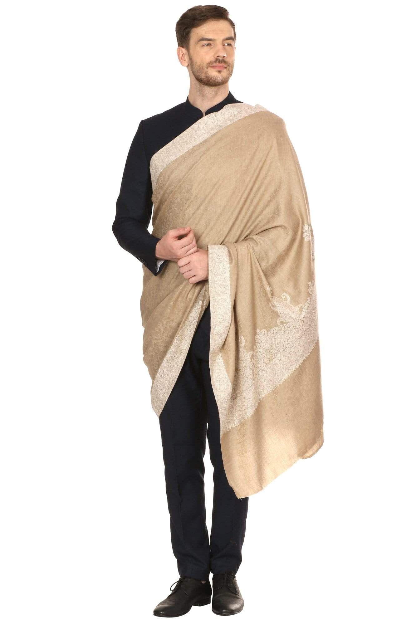 Pashtush India Shawl Pashtush Mens Kashmiri Embroidery Tone on Tone Double border Shawl Medium size 48x95 inches