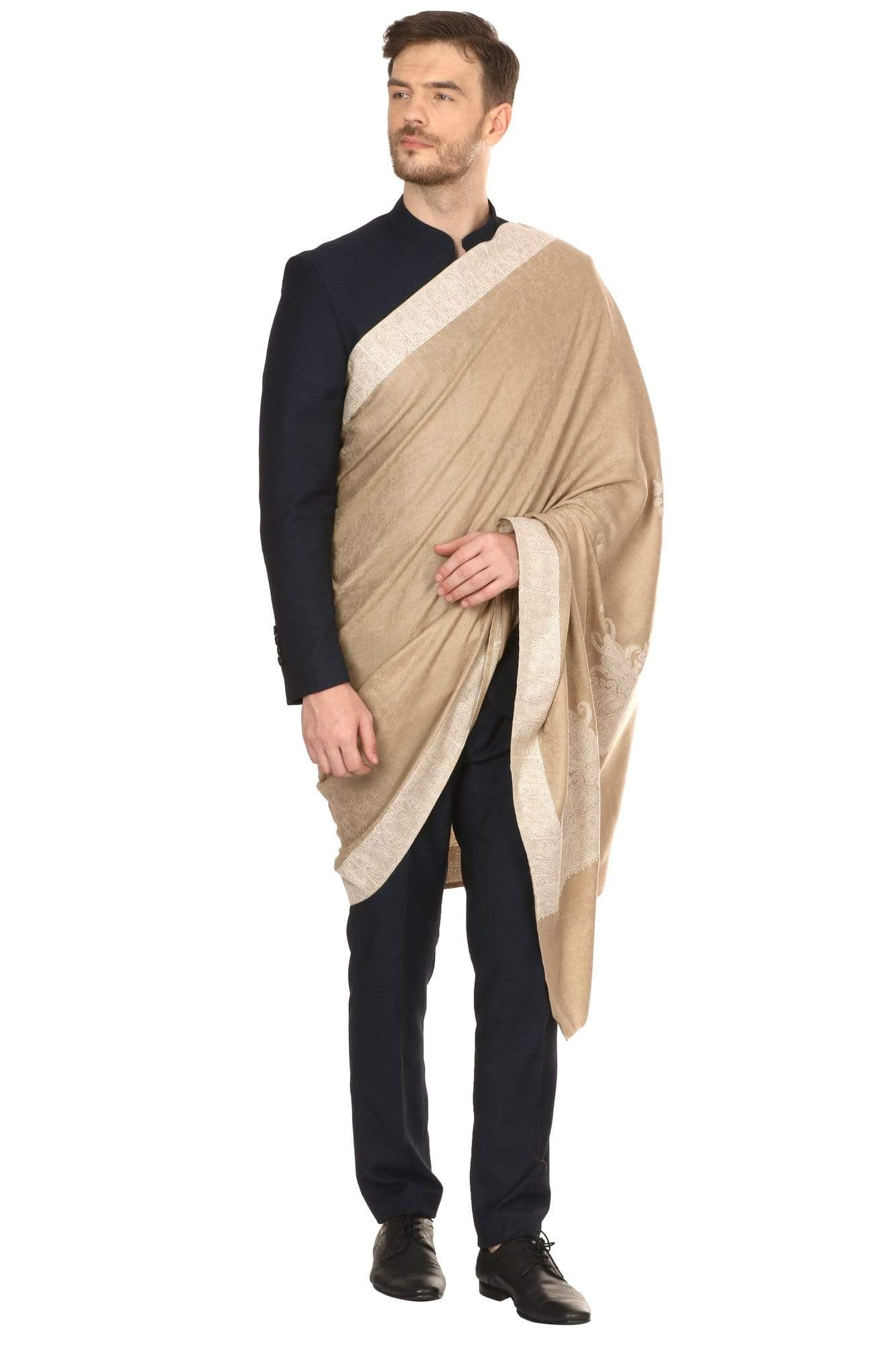 Pashtush India Shawl Pashtush Mens Kashmiri Embroidery Tone on Tone Double border Shawl Medium size 48x95 inches