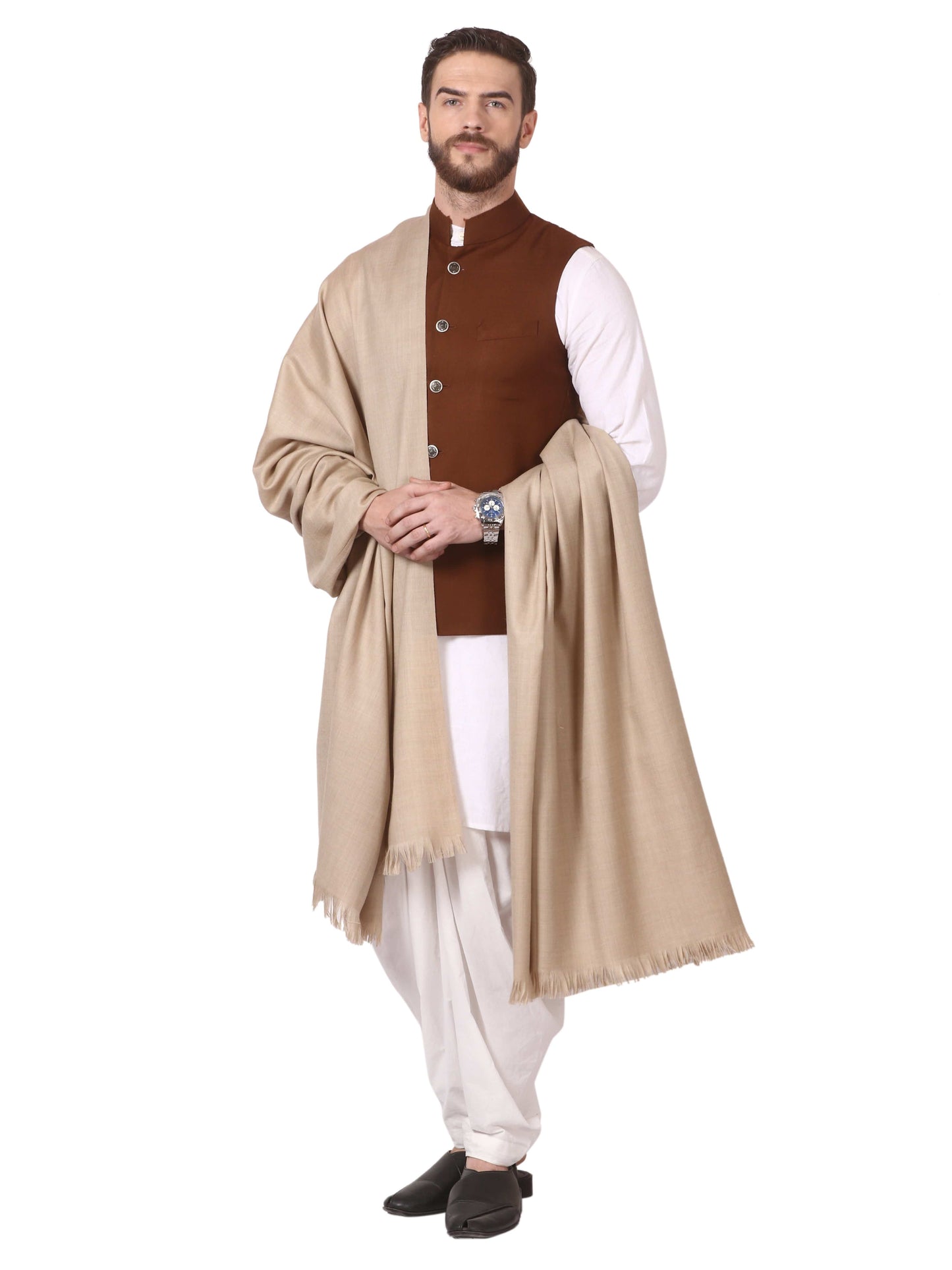 Pashtush India Shawl Pashtush Mens Lohi, Thick and Warm gents Shawl, 50% Pure Wool, Beige