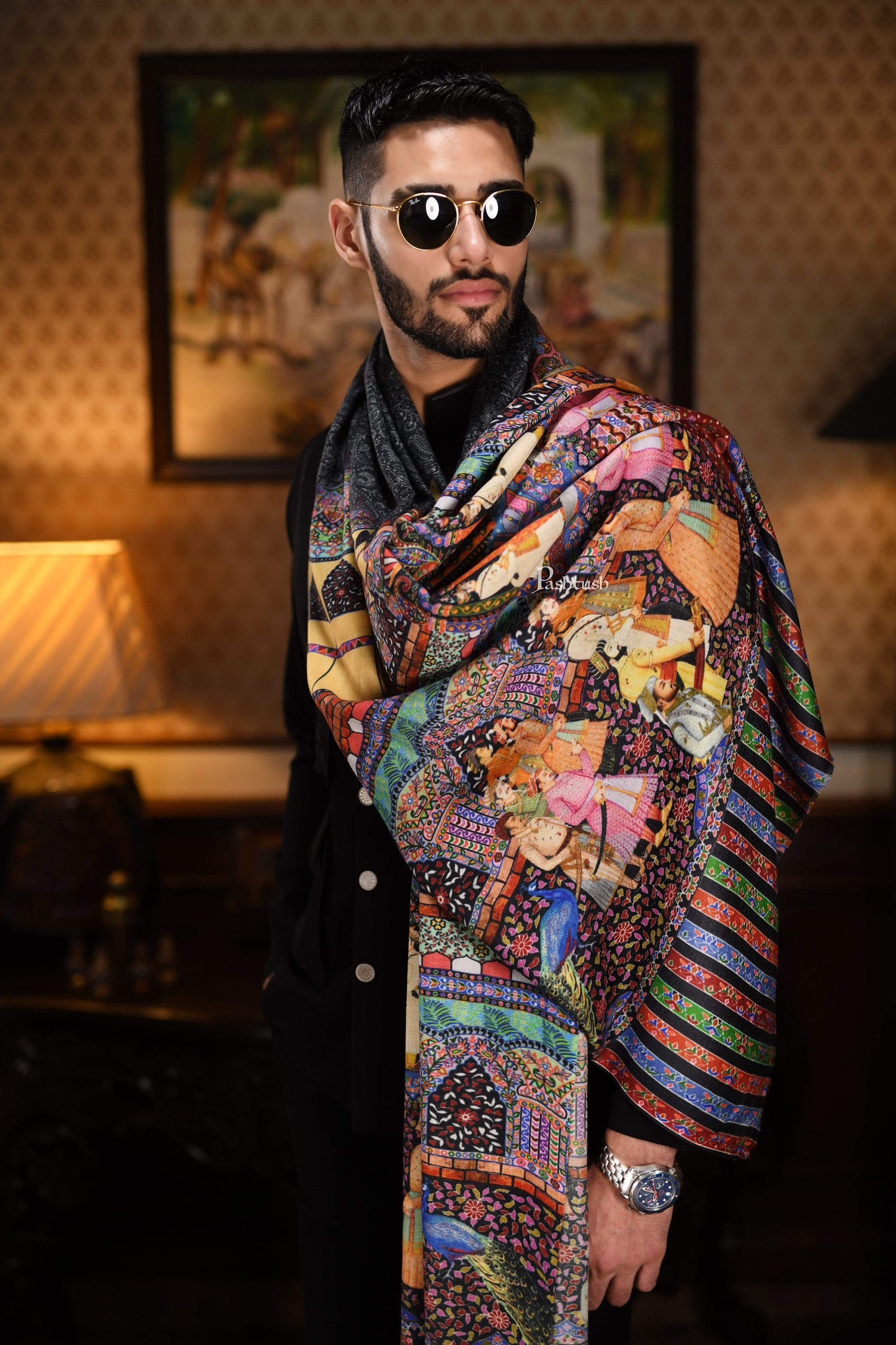 Pashtush India 114x228 Pashtush Mens Mughal Darbar Printed Shawl, 100% Pure, Woolmark Certified