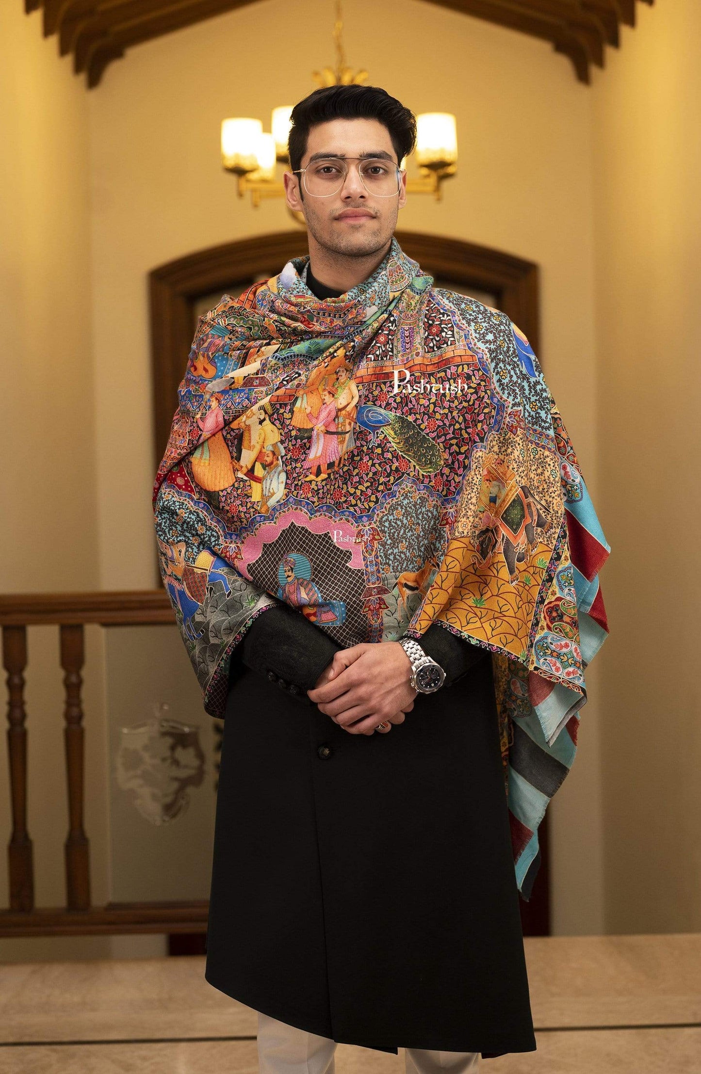 Pashtush Shawl Store Shawl Pashtush Mens Mughal Darbar Shawl, 100% Pure, Woolmark Certified, Full Size