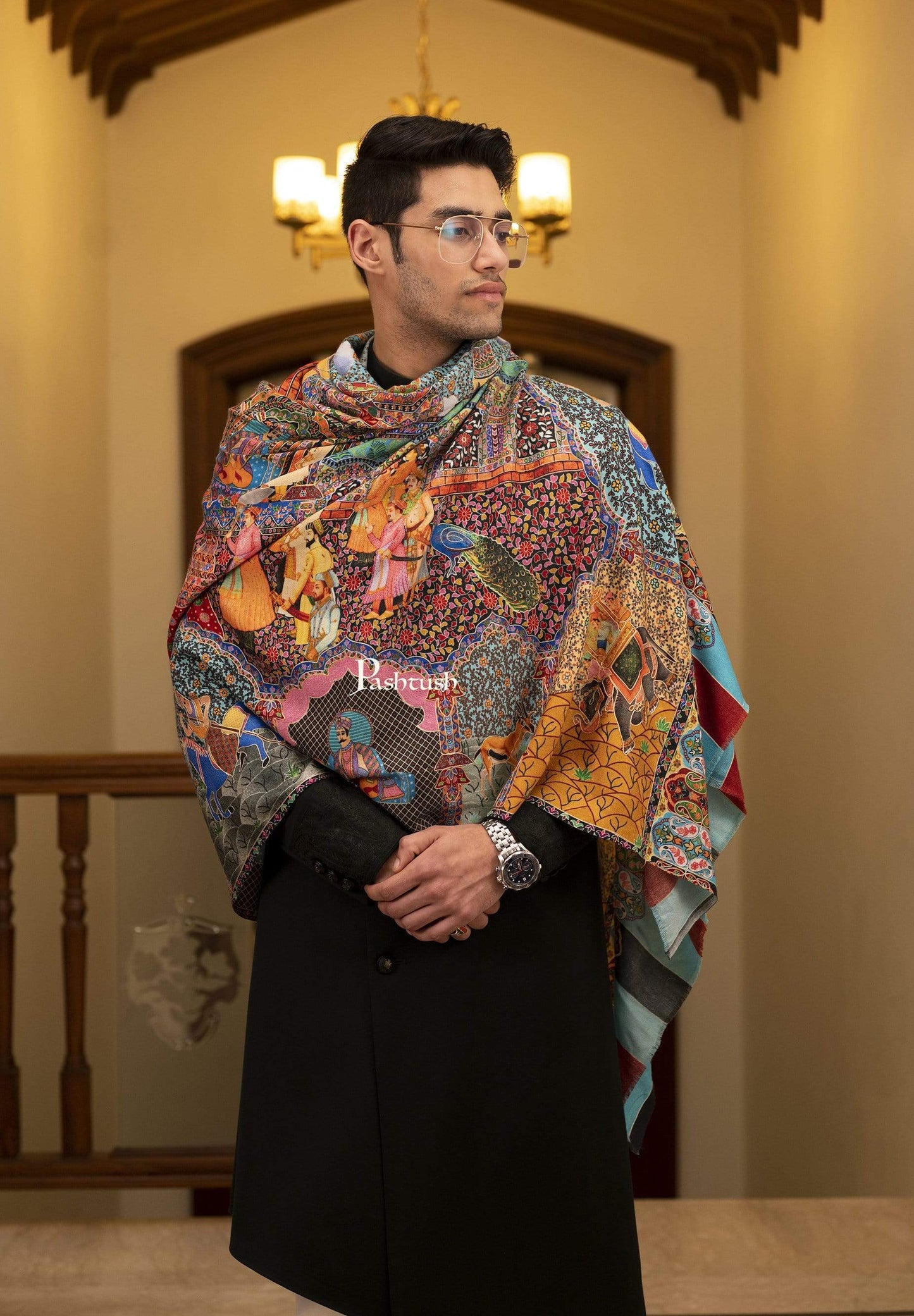 Pashtush Shawl Store Shawl Pashtush Mens Mughal Darbar Shawl, 100% Pure, Woolmark Certified, Full Size