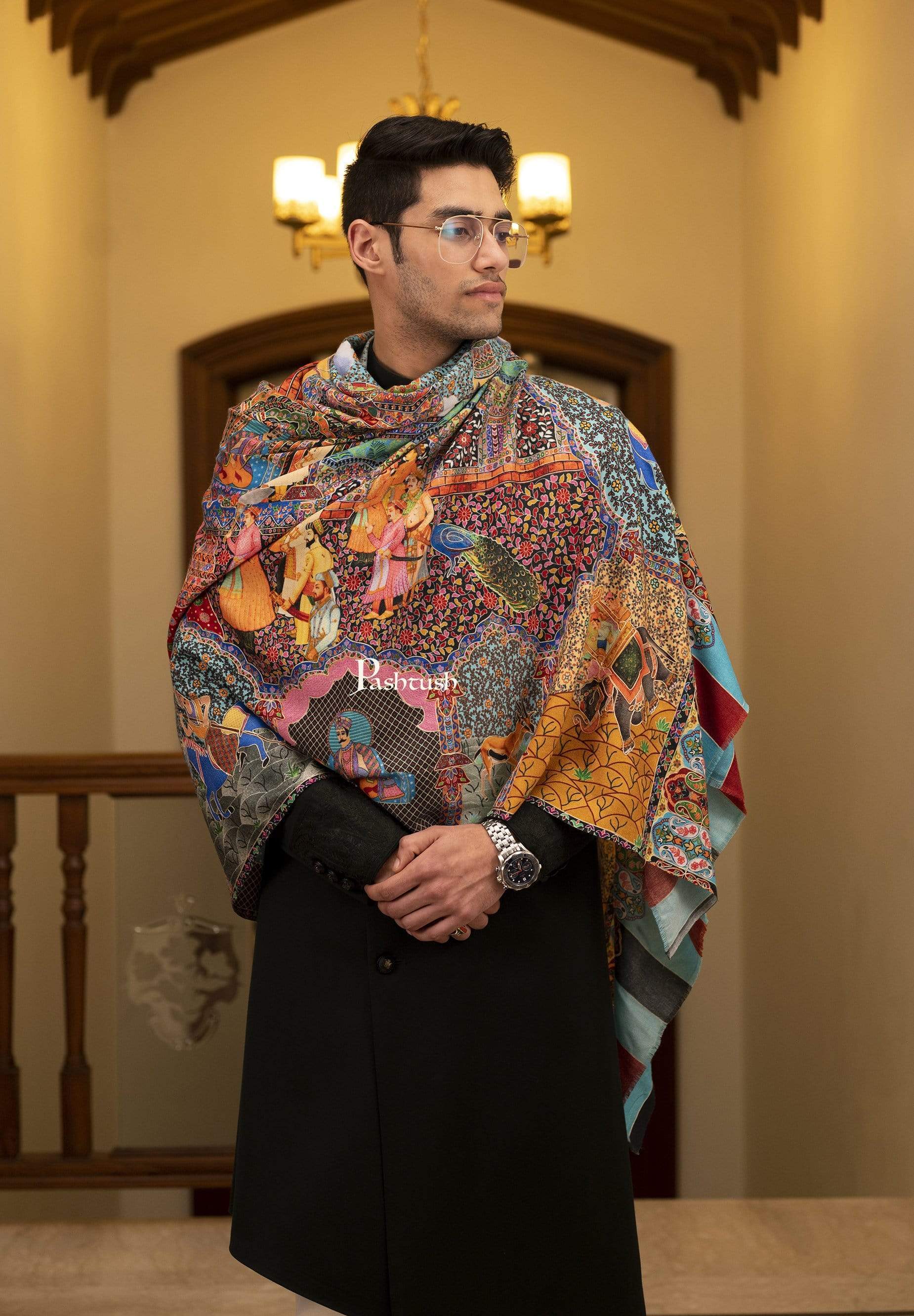 Pashtush Shawl Store Shawl Pashtush Mens Mughal Darbar Shawl, 100% Pure, Woolmark Certified, Full Size