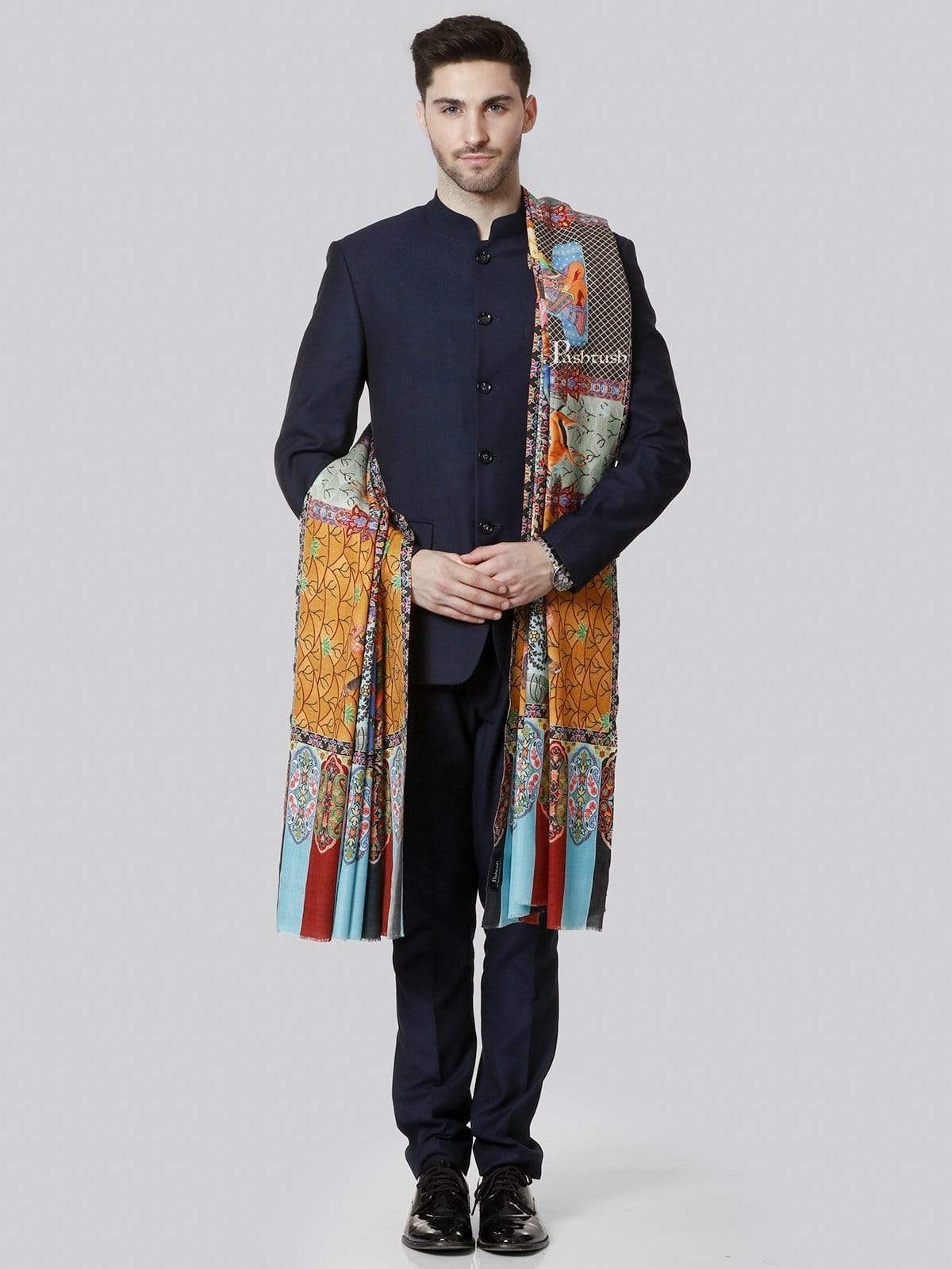 Pashtush India 114x228 Pashtush Mens Mughal Darbar Printed Shawl, 100% Pure, Woolmark Certified, Full Size