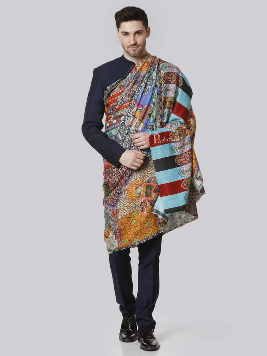 Pashtush India 114x228 Pashtush Mens Mughal Darbar Printed Shawl, 100% Pure, Woolmark Certified, Full Size
