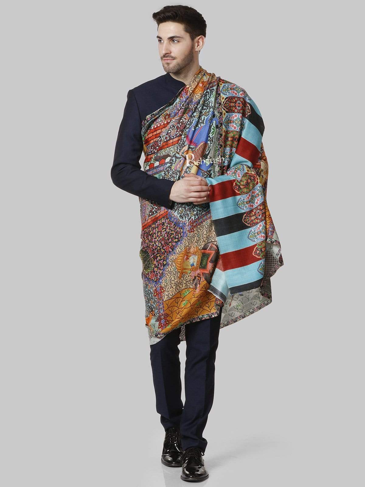 Pashtush India 114x228 Pashtush Mens Mughal Darbar Printed Shawl, 100% Pure, Woolmark Certified, Full Size