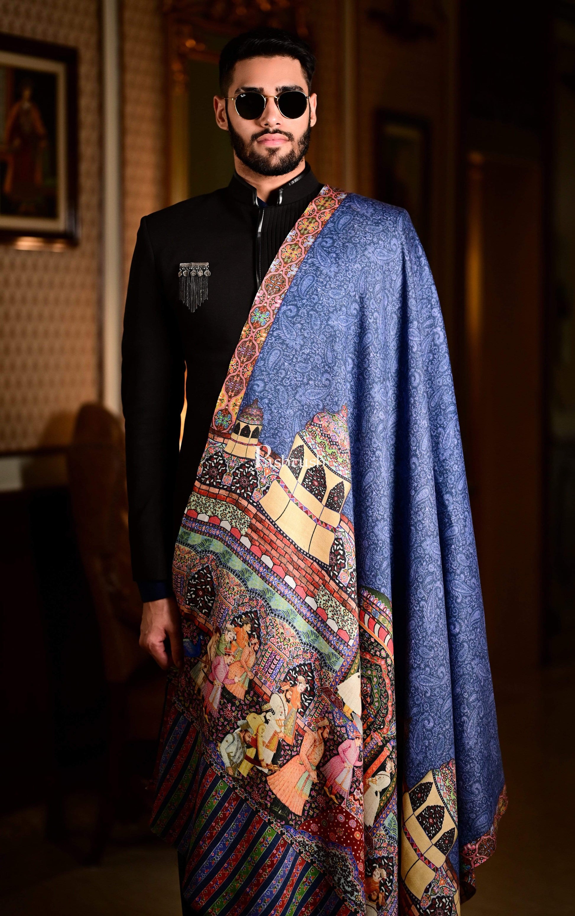 Pashtush India 114x228 Pashtush Mens Mughal Darbar Printed Shawl, 100% Pure, Woolmark Certified, Lapis Blue