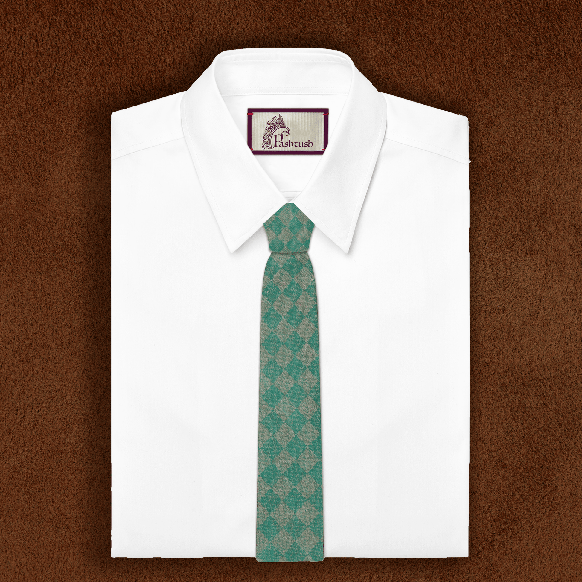 Pashtush Shawl Store Tie Pashtush Mens Pashmina Necktie, Soft and Luxurious, Checkered Design, Free Size, Marlon Green