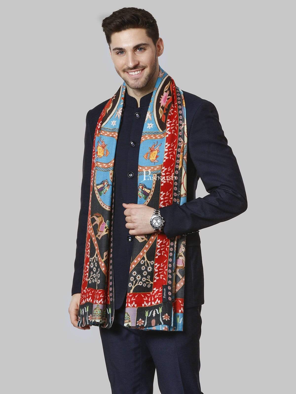 Pashtush India 100x200 Pashtush Mens Printed Stole, Multicoloured, 100% Pure Wool (Woolmark Certified)