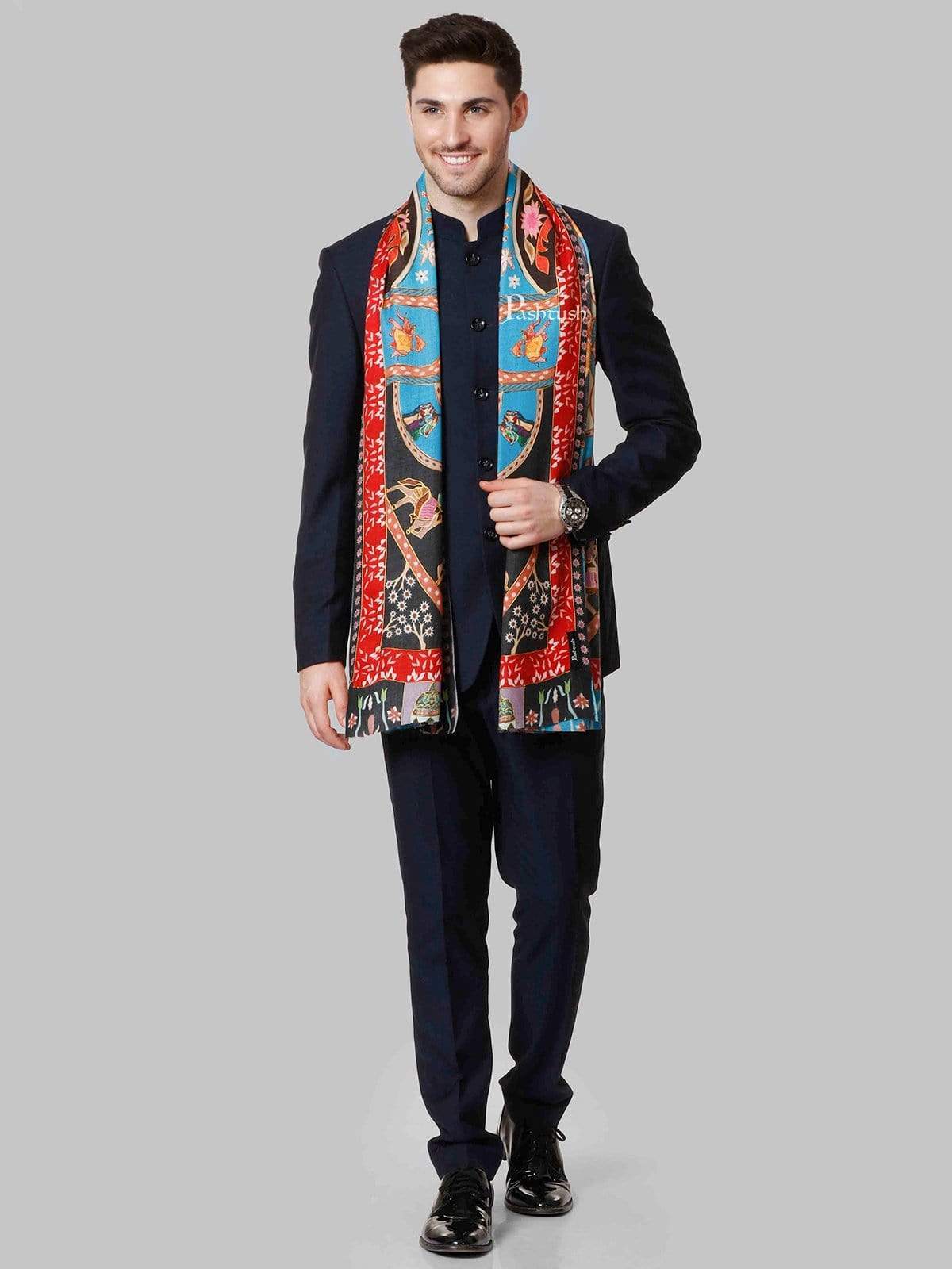 Pashtush India 100x200 Pashtush Mens Printed Stole, Multicoloured, 100% Pure Wool (Woolmark Certified)