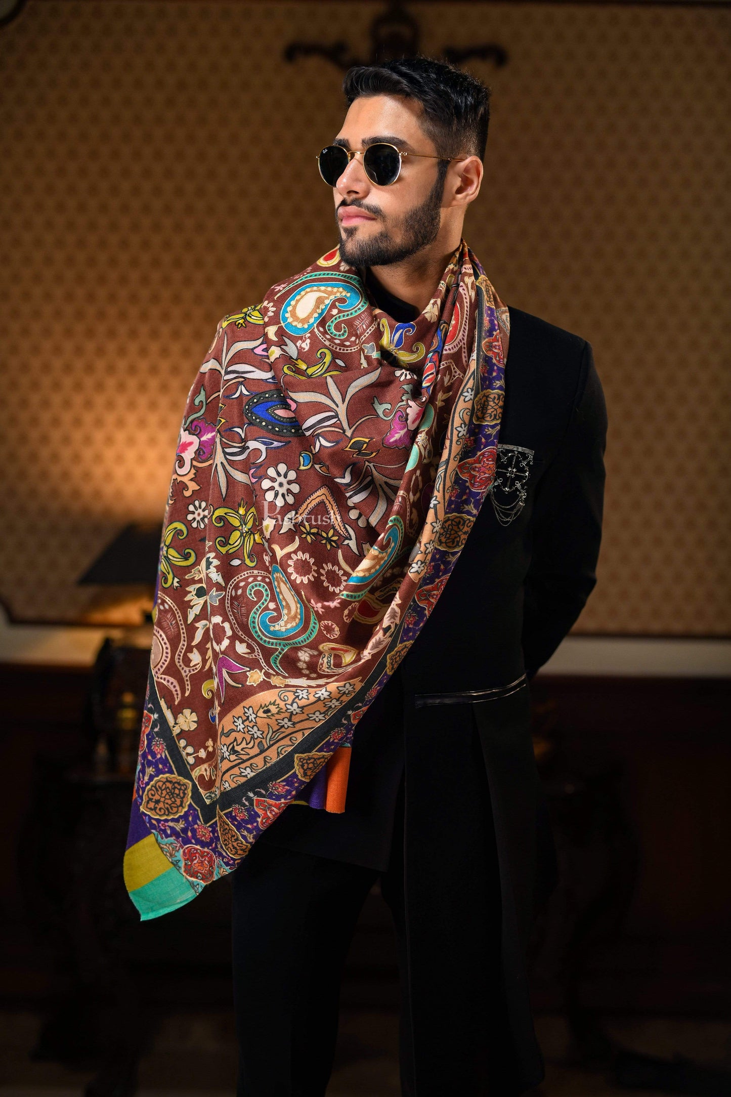 Pashtush India 100x200 Pashtush Mens Printed Stole, Multicoloured, 100% Pure Wool (Woolmark Certified)