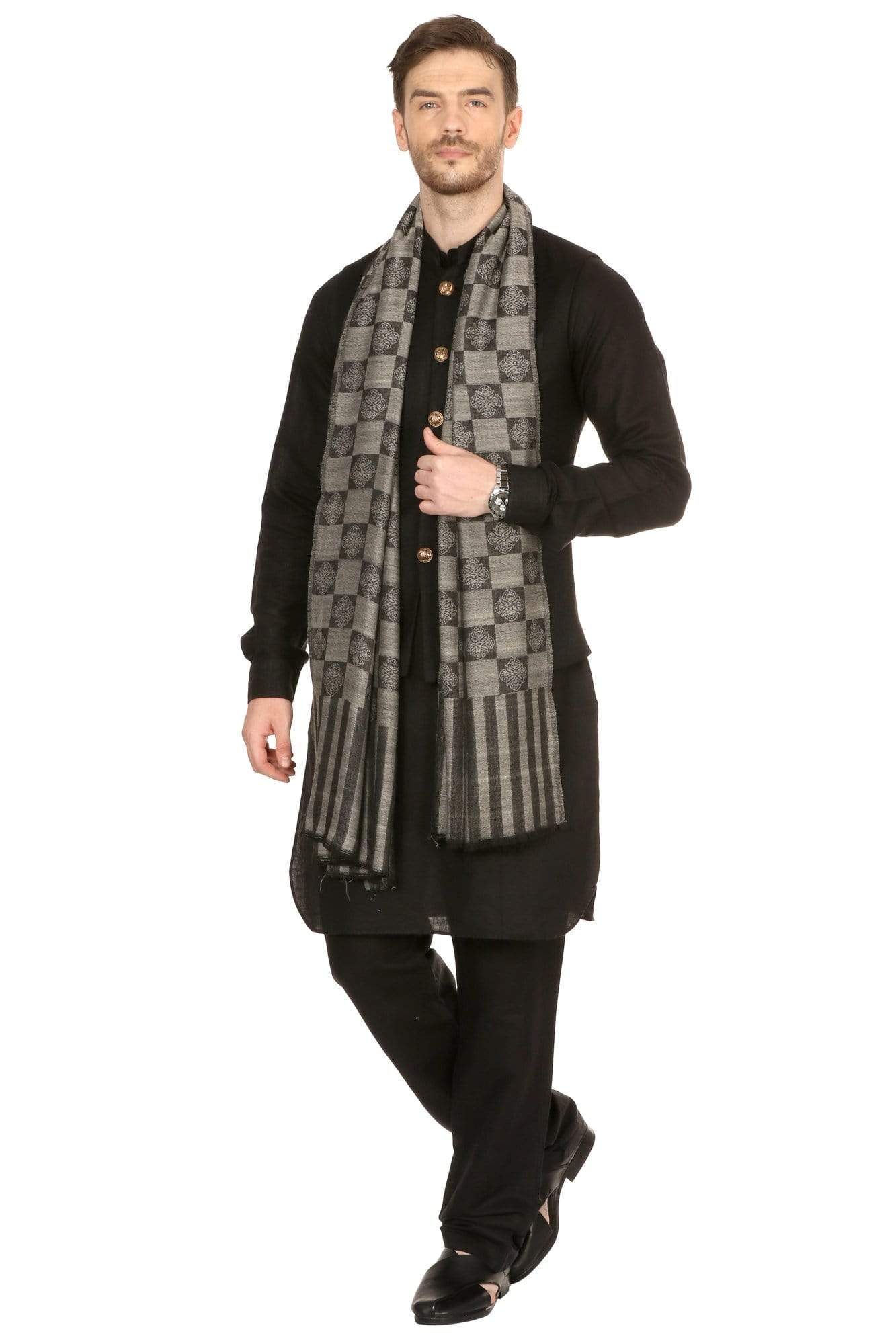 Pashtush India 70x200 Pashtush Mens Reversible Stole, checkered design - Black