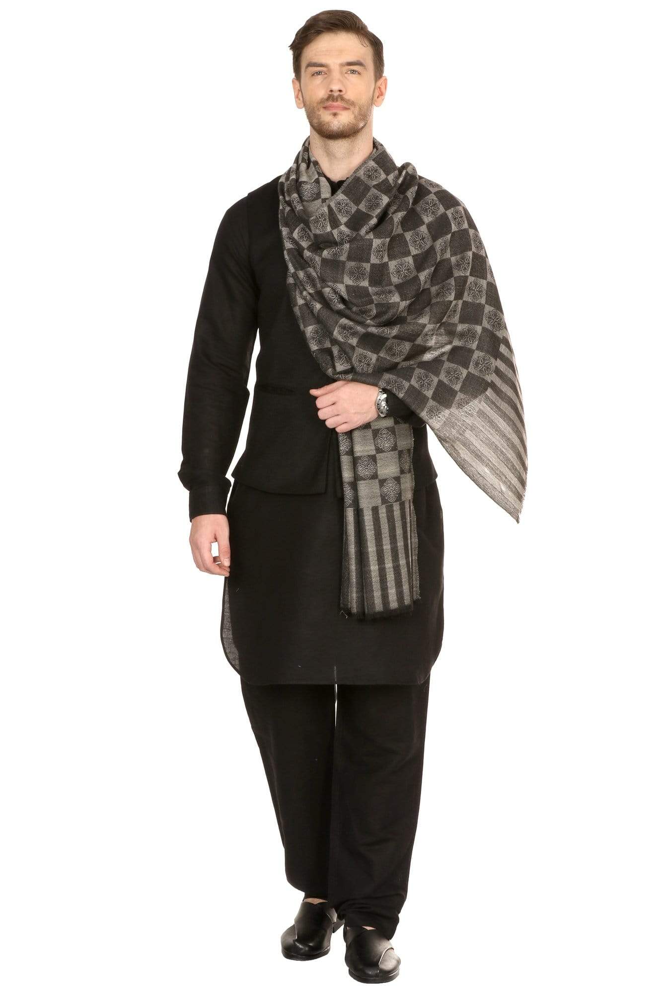 Pashtush India 70x200 Pashtush Mens Reversible Stole, checkered design - Black