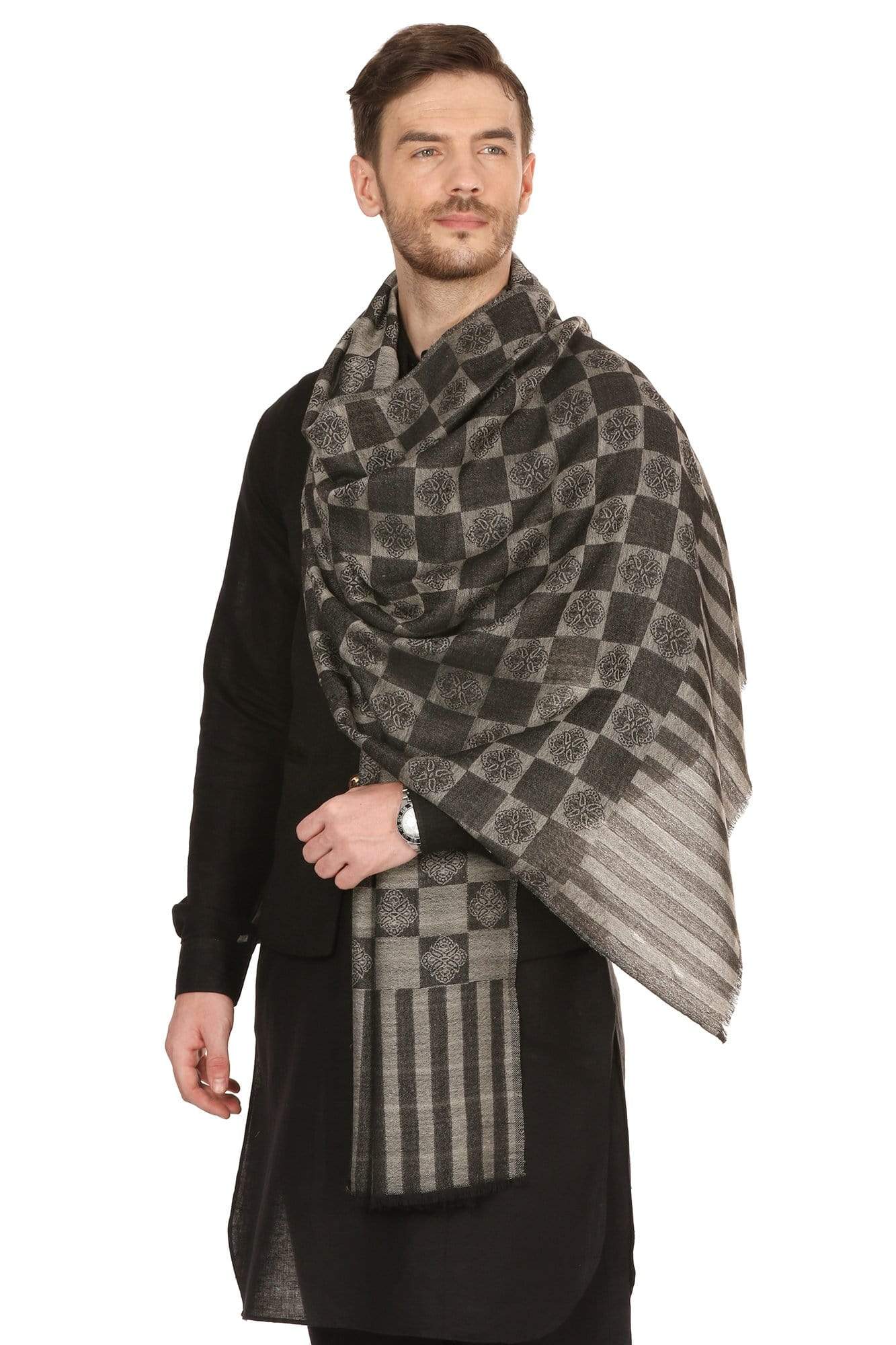 Pashtush India 70x200 Pashtush Mens Reversible Stole, checkered design - Black