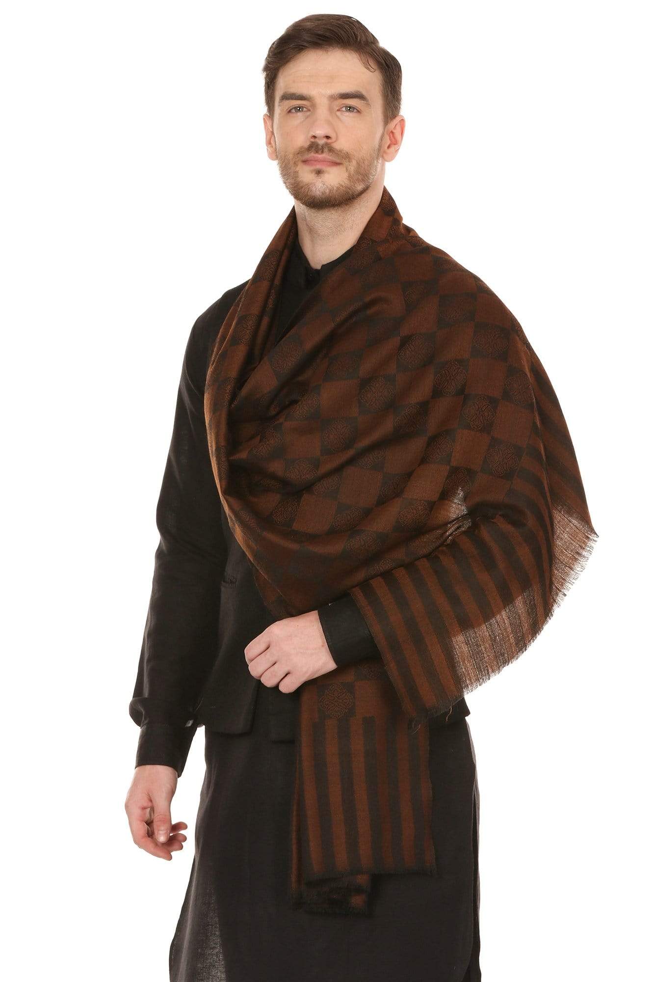 Pashtush India 70x200 Pashtush Mens Reversible Stole, checkered design - Espresso