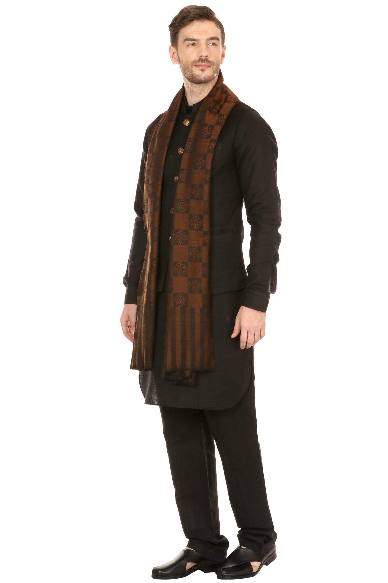 Pashtush India 70x200 Pashtush Mens Reversible Stole, checkered design - Espresso