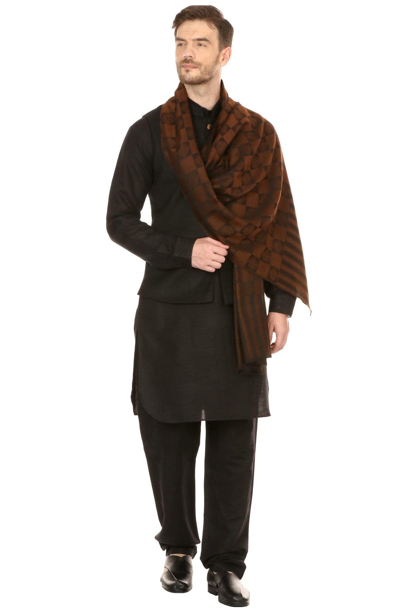 Pashtush India 70x200 Pashtush Mens Reversible Stole, checkered design - Espresso
