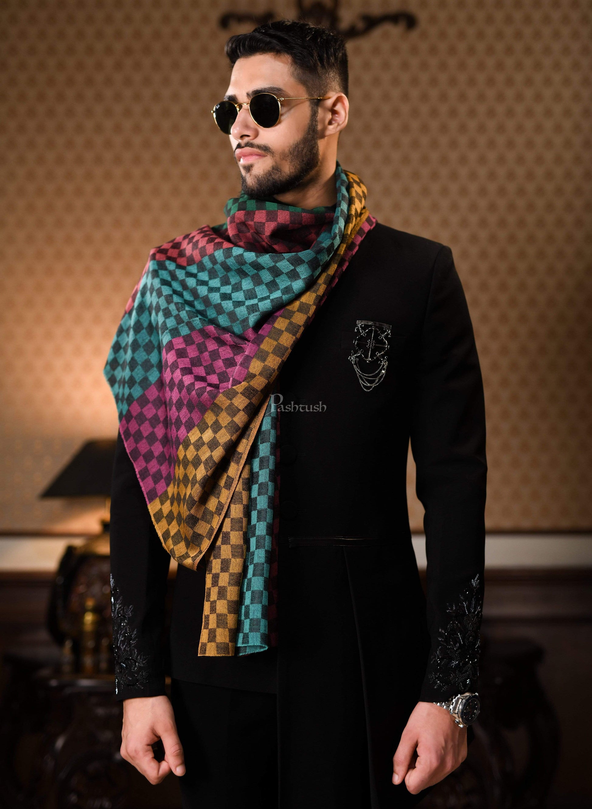 Pashtush India 70x200 Pashtush Mens Reversible Stole, checkered design Multi coloured