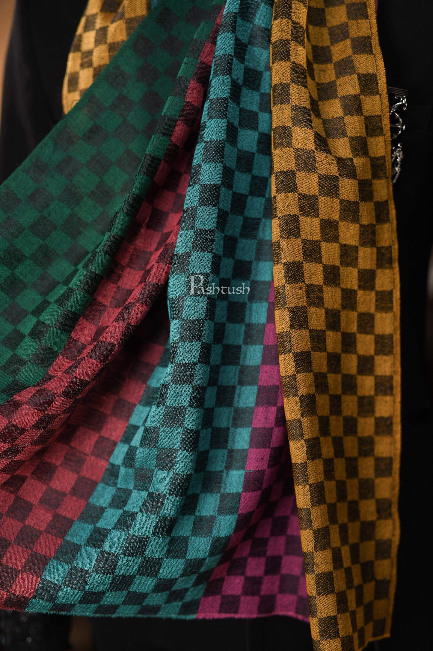Pashtush India 70x200 Pashtush Mens Reversible Stole, checkered design Multi coloured