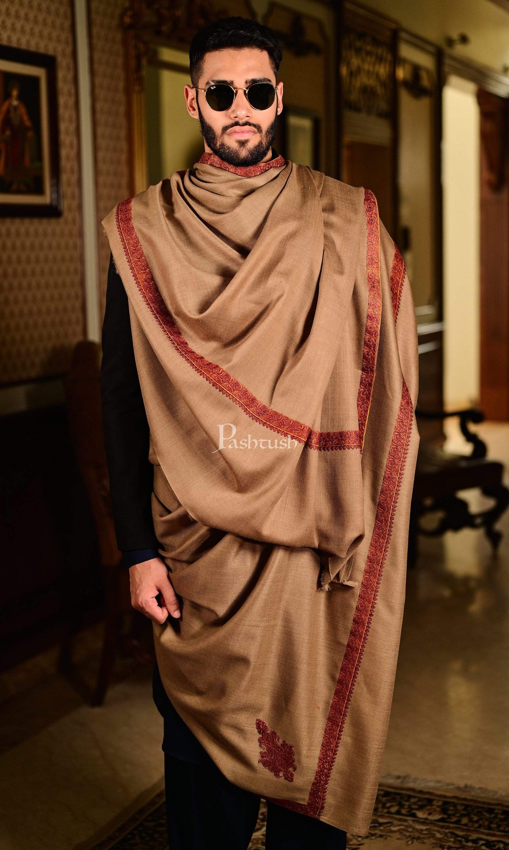 Pashtush India 127x254 Pashtush Mens Shawl, Embroidery Haashia Dushala, Taupe