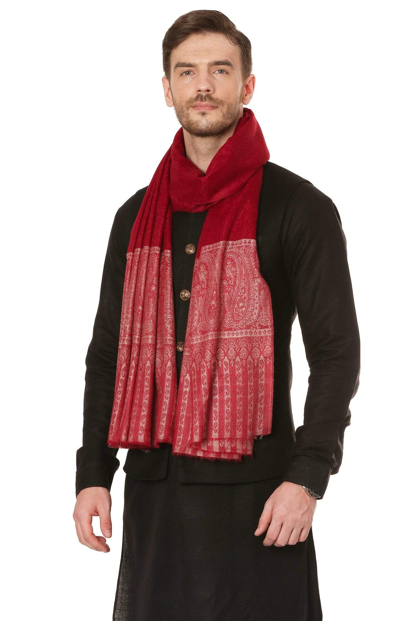 Pashtush India Shawl Pashtush Mens Shawl, Fine Wool Jacquard Weave, Soft and Light Weight Maroon