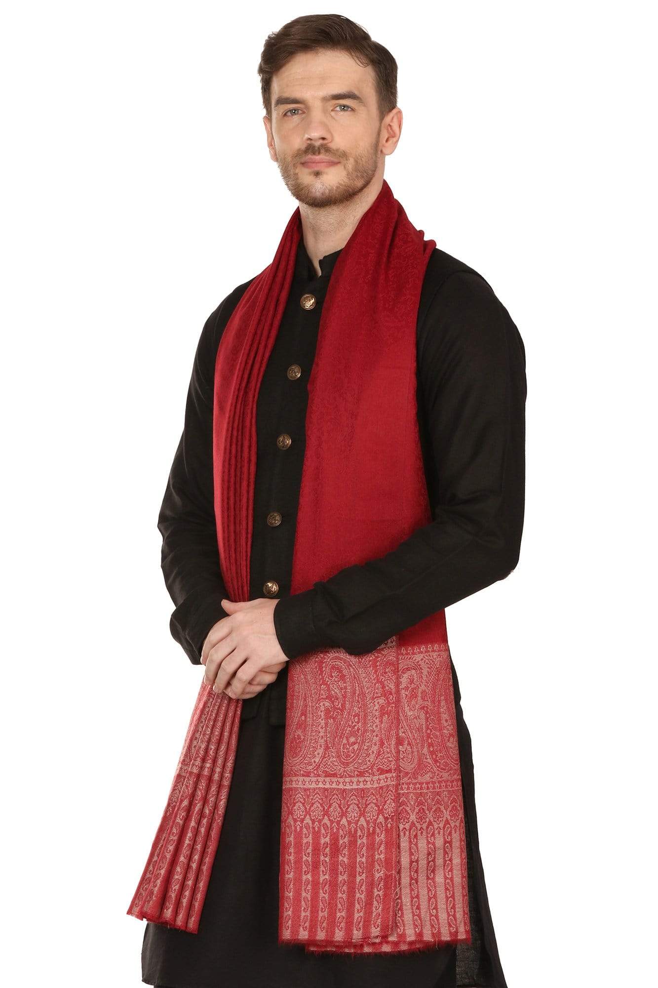 Pashtush India Shawl Pashtush Mens Shawl, Fine Wool Jacquard Weave, Soft and Light Weight Maroon