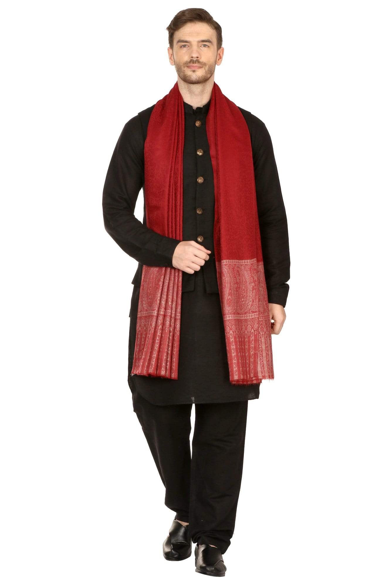 Pashtush India Shawl Pashtush Mens Shawl, Fine Wool Jacquard Weave, Soft and Light Weight Maroon